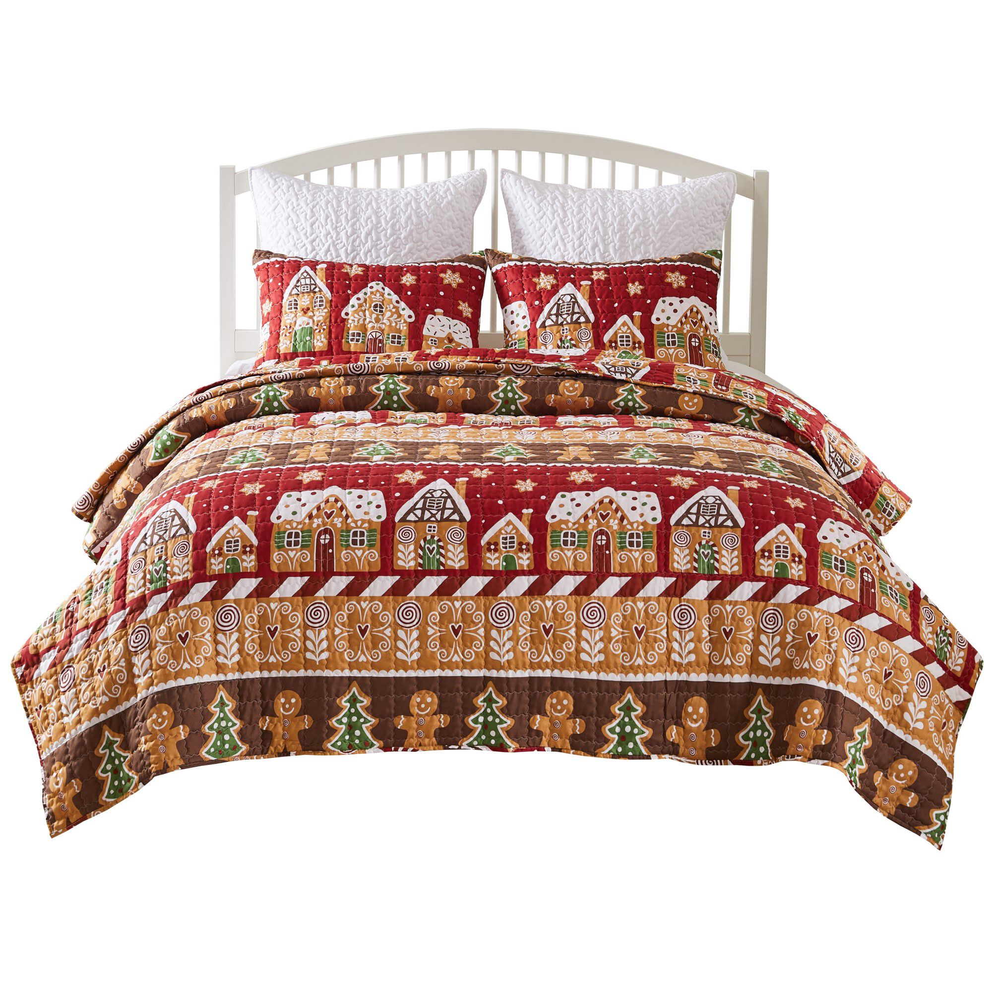 Gingerbread Lane Novelty Holiday Quilt Set, Red, 3-Piece Full/Queen, RED, alternate image number 3