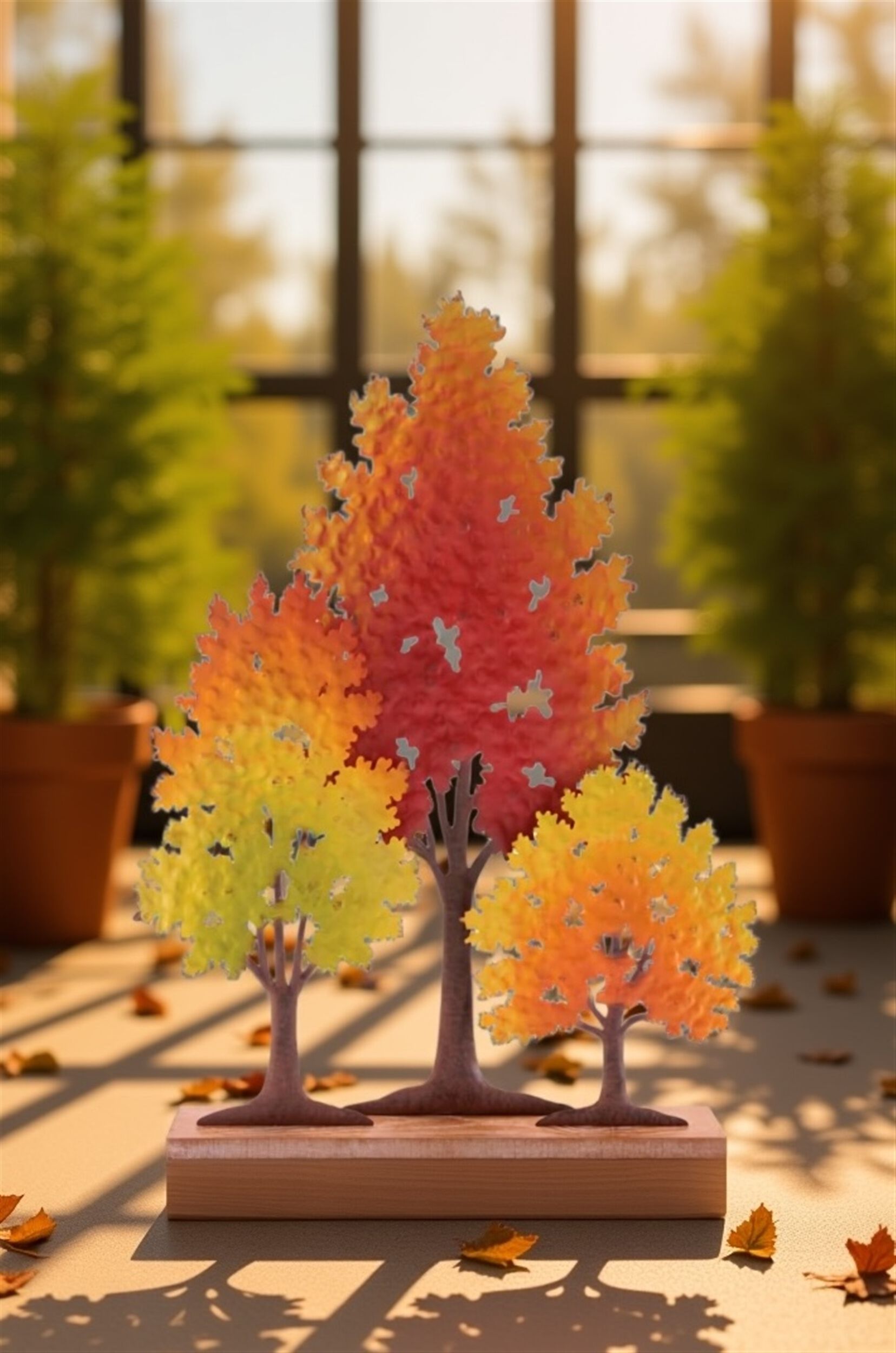 Cut-Out Metal Trees on Wood Base 24.5 inchesH, RED YELLO ORANGE, hi-res image number 0