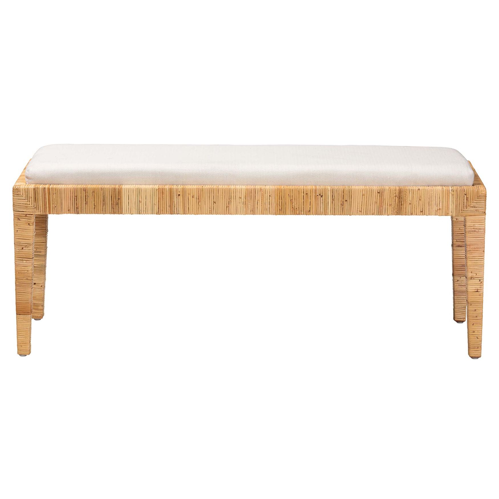 Sofia Modern Bohemian Natural Brown Rattan And Mahogany Wood Bench, , on-hover image number 1