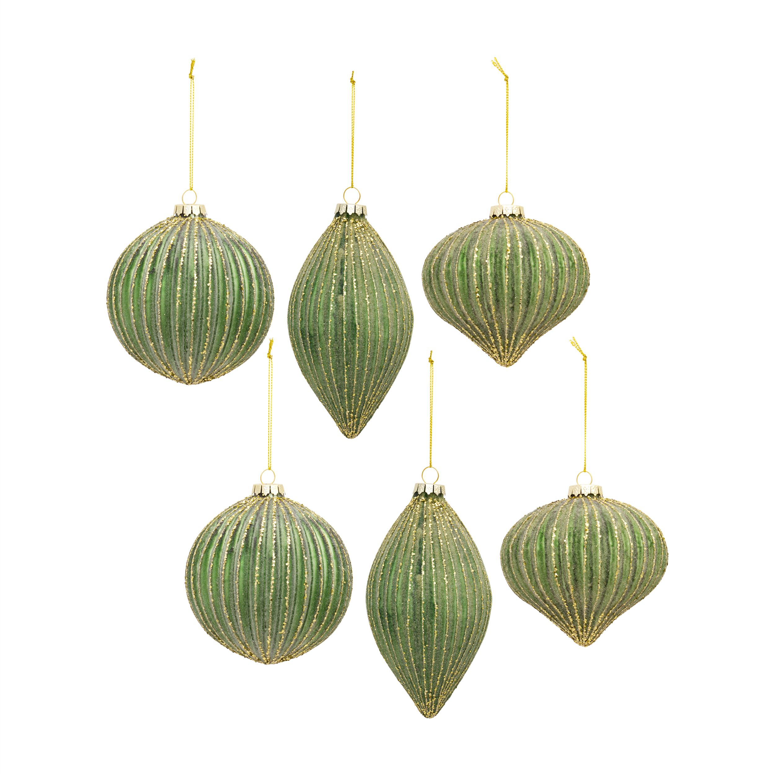 Ribbed Glass Ornament with Gold Accent (Set of 6), GREEN GOLD, hi-res image number 0