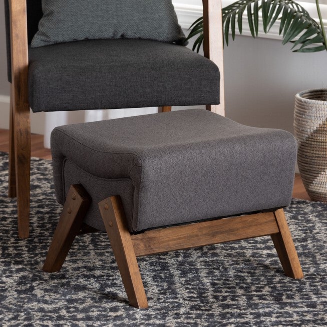 Hanson Mid-Century Modern Dark Grey Fabric And Walnut Brown Finished Wood Ottoman, , alternate image number 10