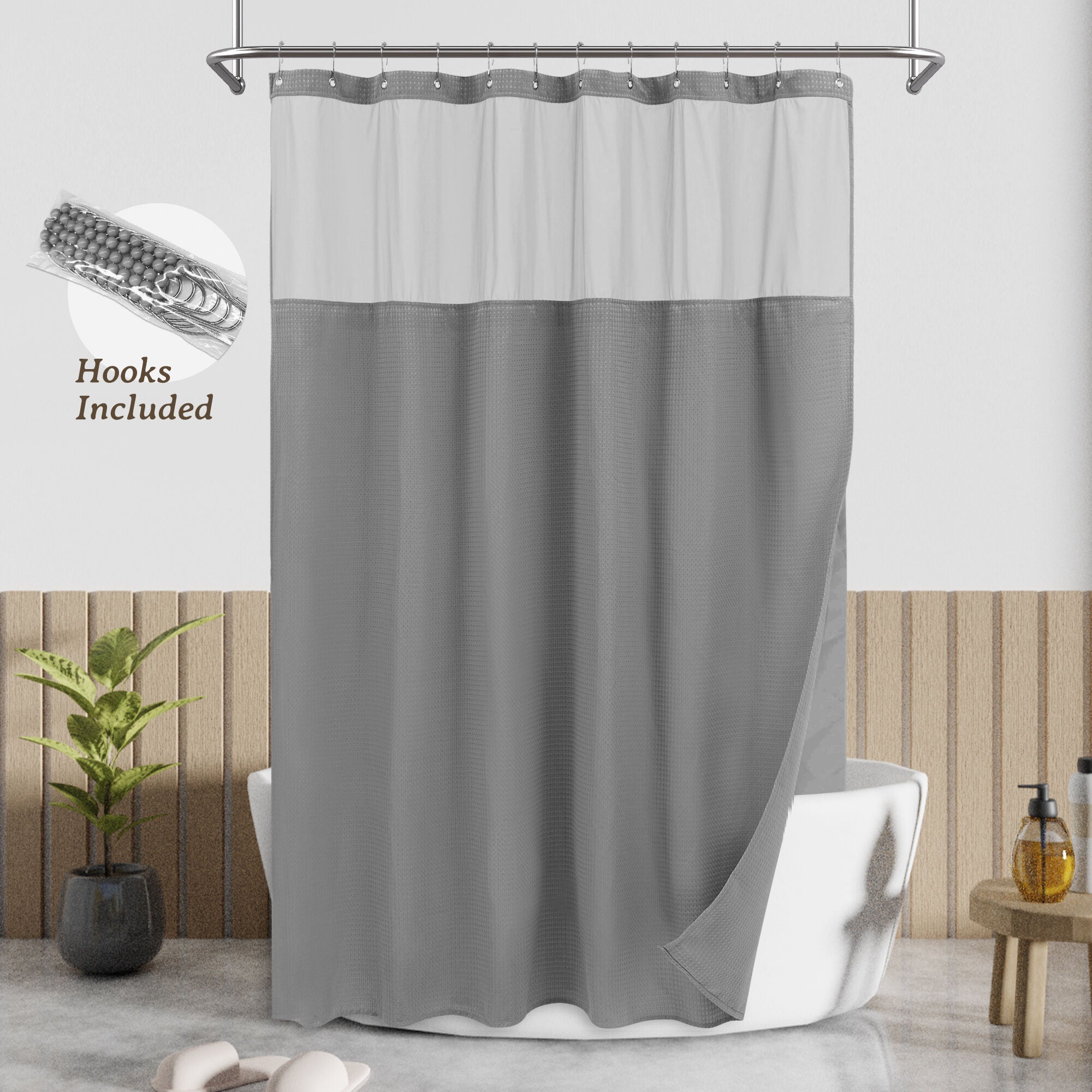 Dobby Waffle Shower Curtain with Snap-in Liner, Hooks included, GRAY, hi-res image number 0