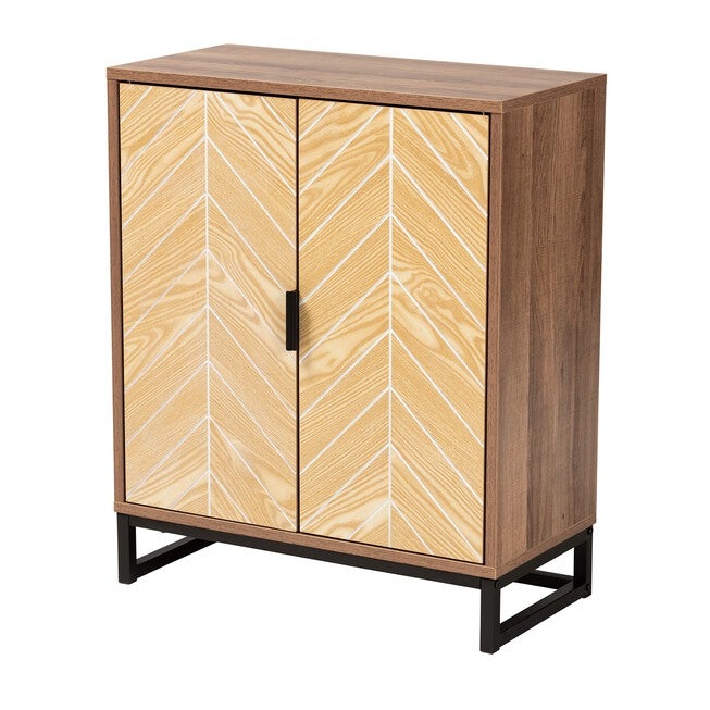 Josephine Mid-Century Modern Transitional Two-Tone Walnut And Natural Brown Finished Wood And Black Metal 2-Door Storage Cabinet, BROWN WHITE BLACK, hi-res image number 0