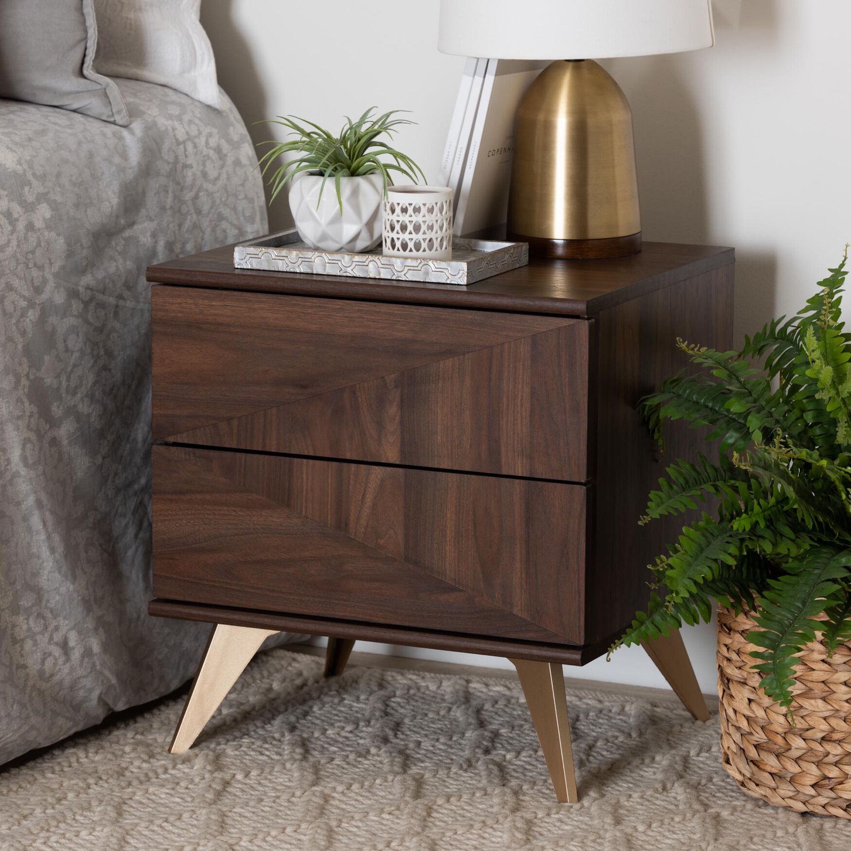 Graceland Mid-Century Modern Transitional Walnut Brown Finished Wood 2-Drawer Nightstand, , alternate image number 7