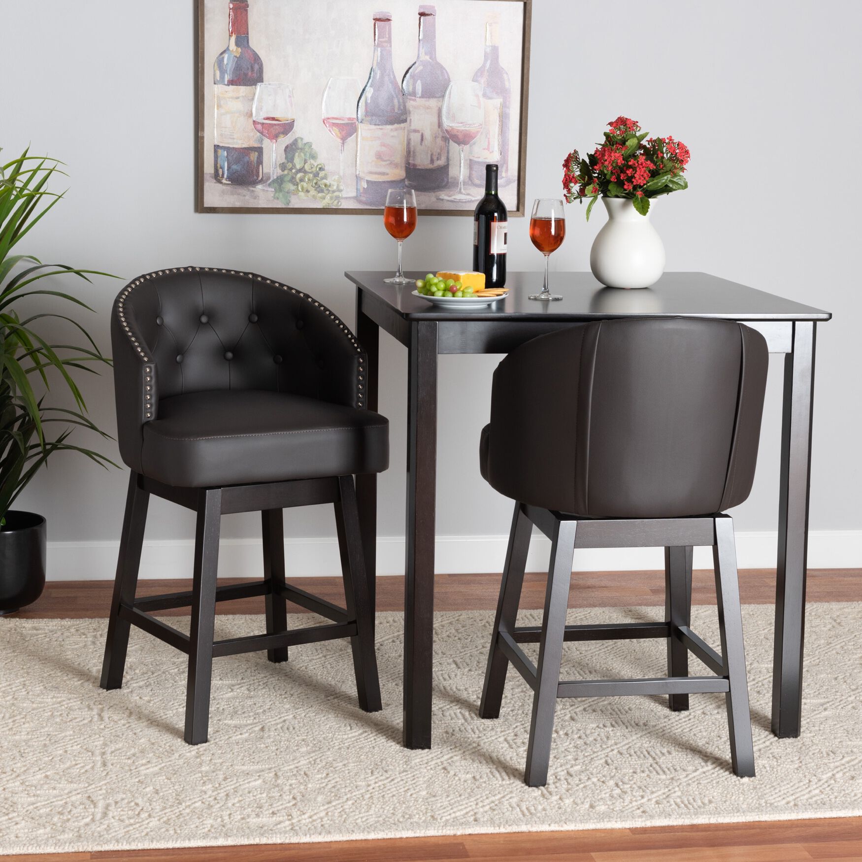 Theron Mid-Century Transitional Black Faux Leather and Espresso Brown Finished Wood 2-Piece Swivel Counter Stool Set, , alternate image number 13