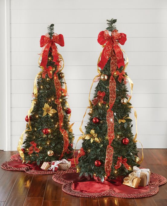 Fully Decorated Pre-Lit 4½' Pop-Up Christmas Tree, RED GOLD, hi-res image number null