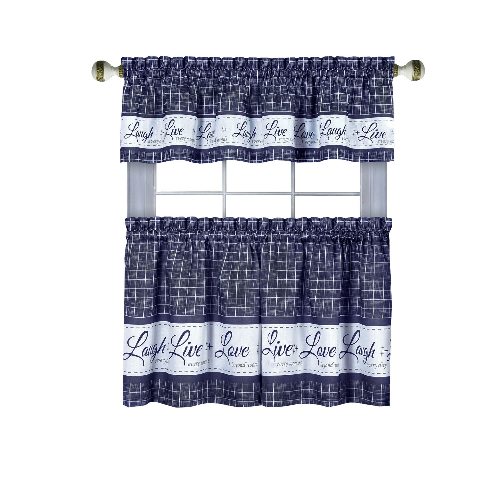 Live, Love, Laugh Window Curtain Tier Pair and Valance Set - 58x36, NAVY, hi-res image number 0