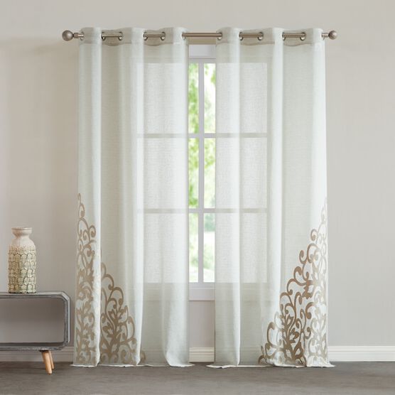 Natalie Semi Sheer Scroll Grommet Panel Pair, LINEN, hi-res image number null