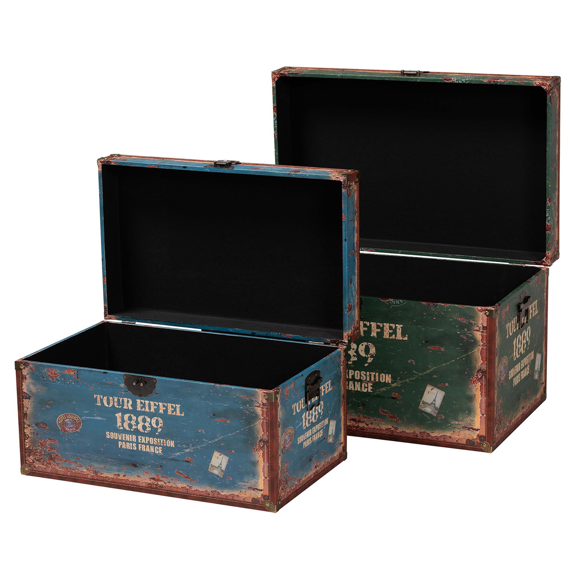 Sabeen Vintage Parisian Faux Leather and Wood 2-Piece Storage Trunk Set, GREEN, alternate image number 2