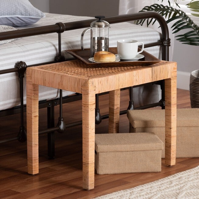 Abelia Modern Bohemian Natural Rattan And Mahogany Wood Short Accent Bench, , alternate image number 5