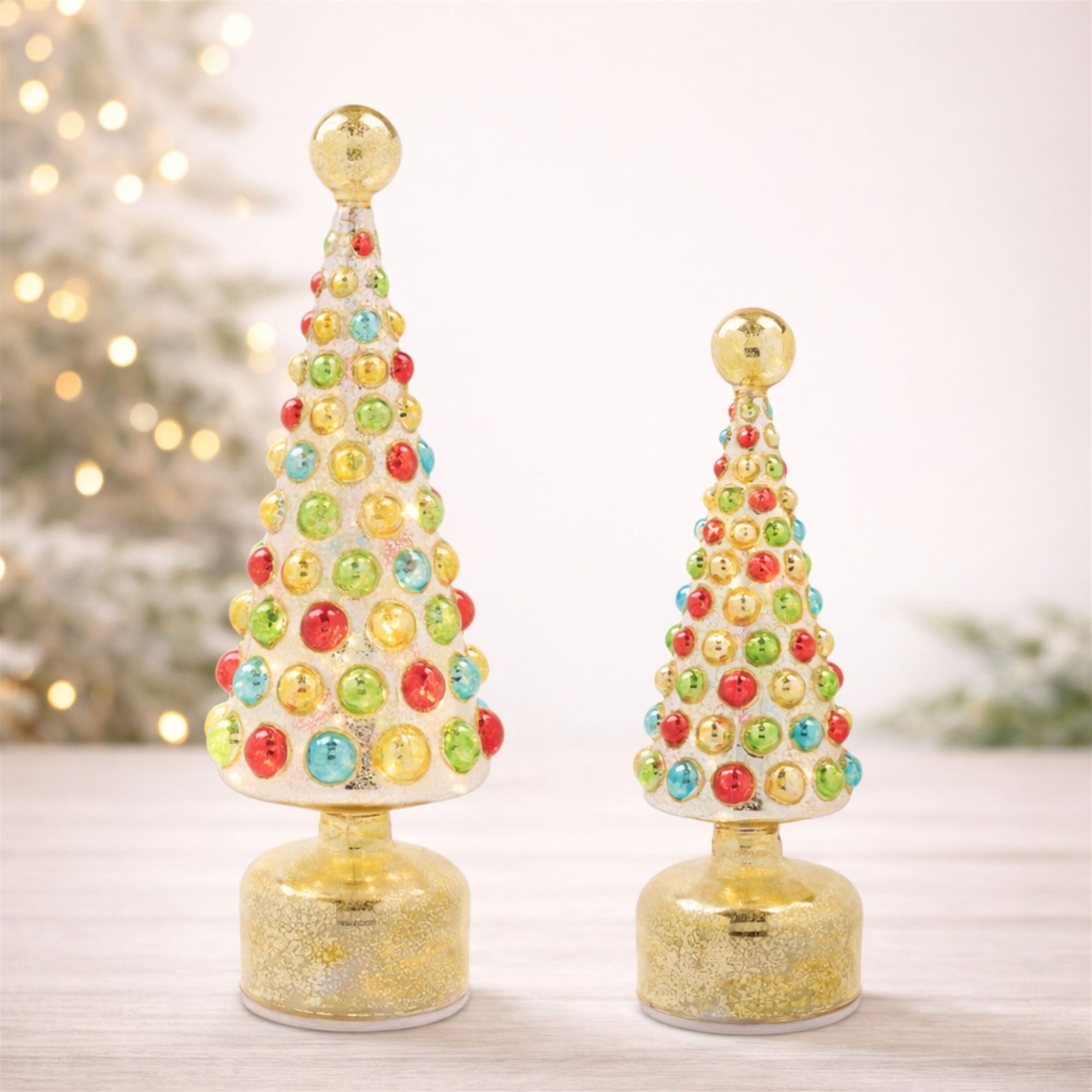 LED Mercury Glass Rotating Christmas Tree (Set of 2), GOLD RED GREEN, alternate image number 2
