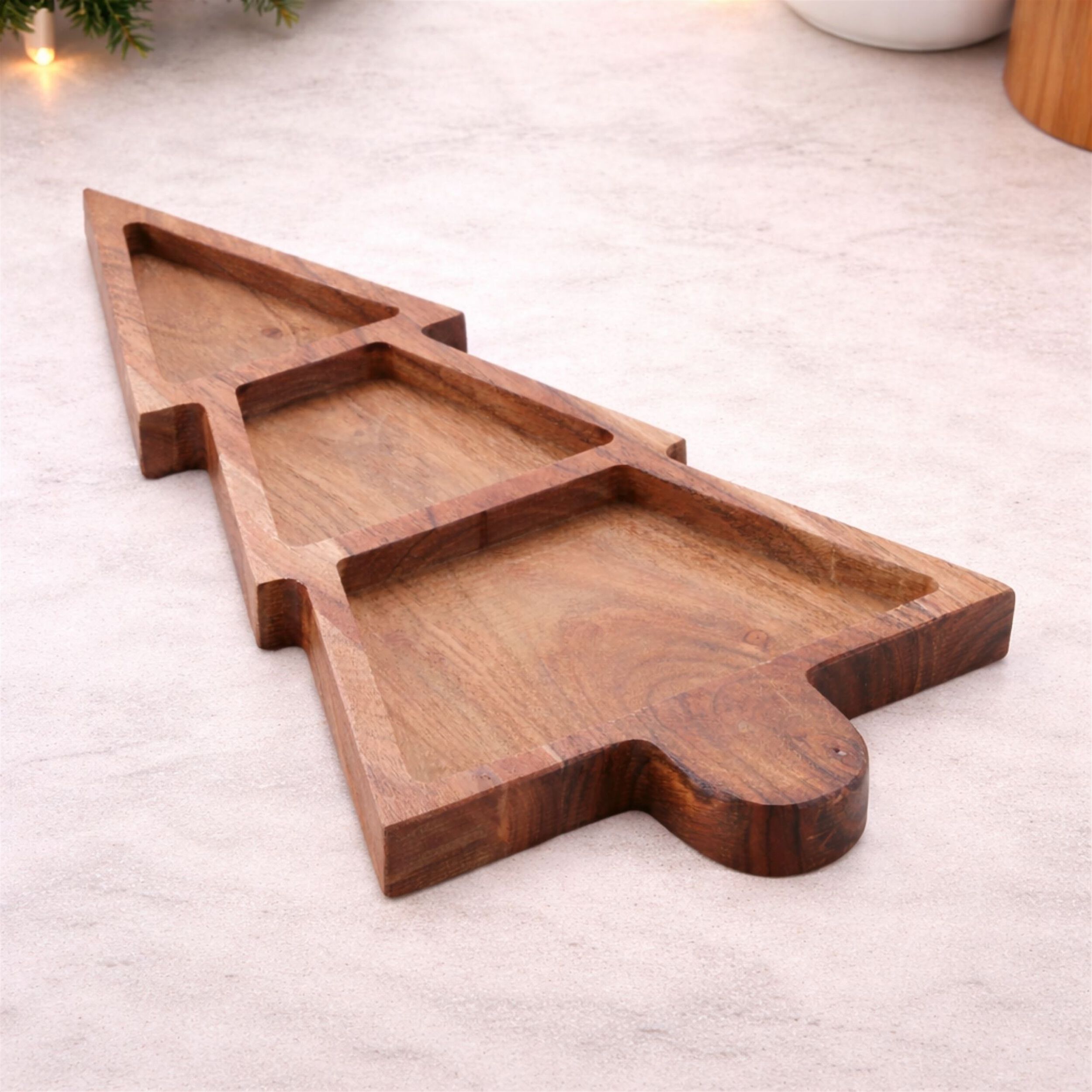 Wood Christmas Tree Divided Serving Tray 15 inchesL, BROWN, alternate image number 2
