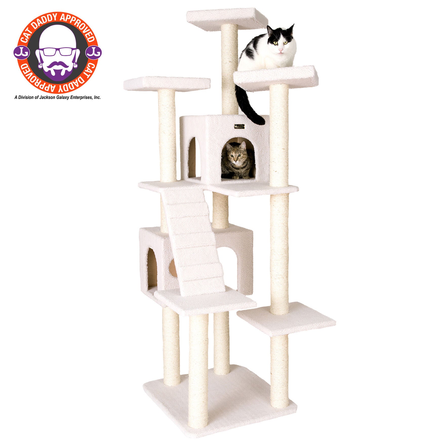 Classic 77 inches Multi Levels Real Wood Cat Tree With Ramp, Three Perches, Two Condos, IVORY, hi-res image number 0