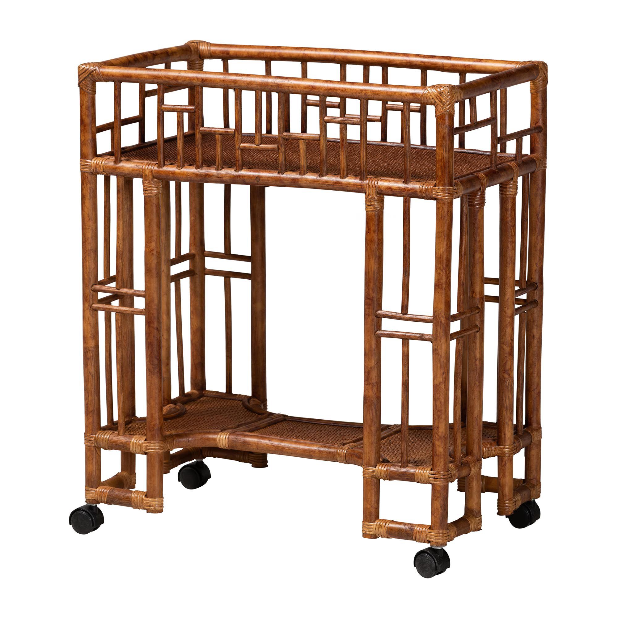 Tahlia Marbled Tortoise Rattan Kitchen Cart with Open Shelf, BROWN, alternate image number 2