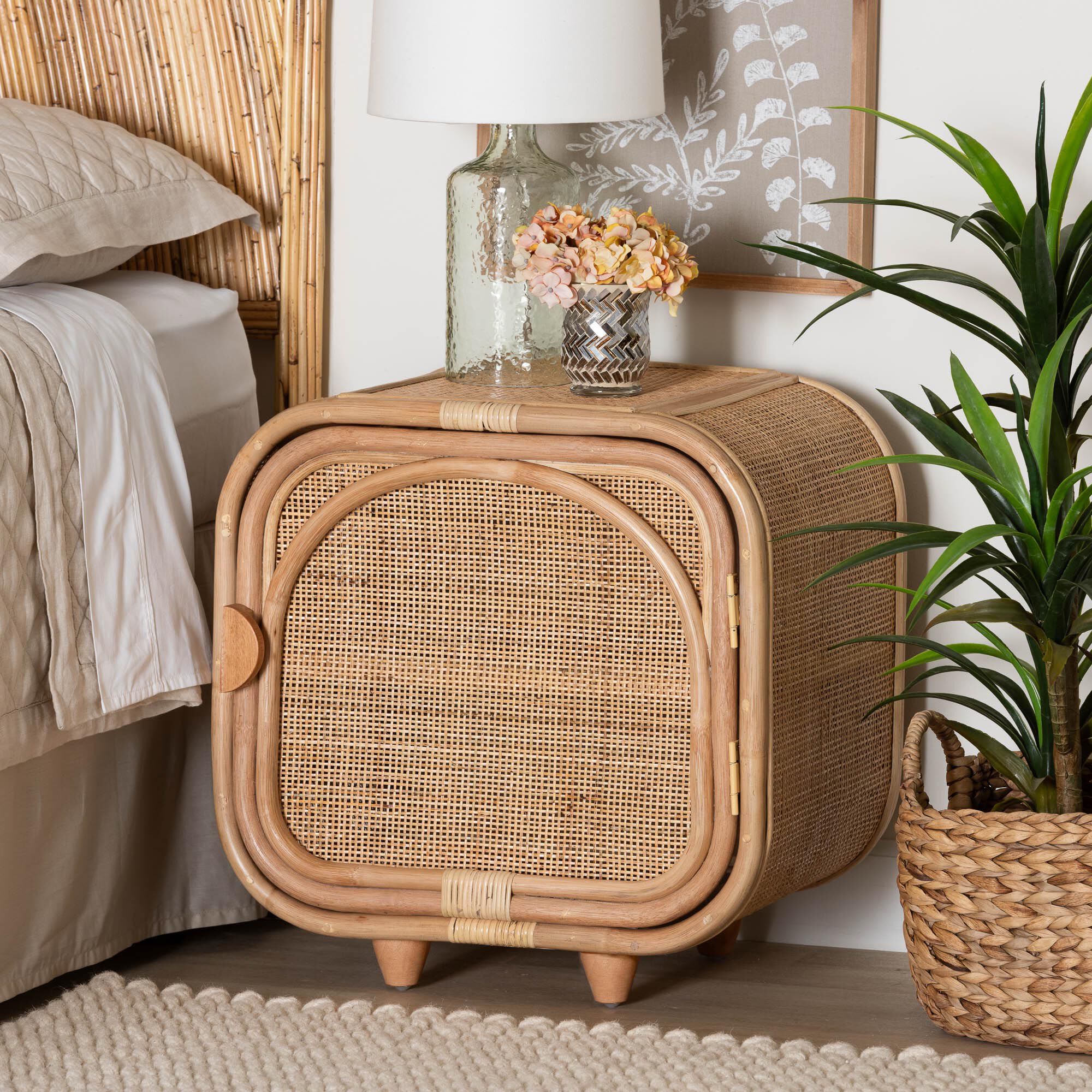 Keita Bohemian Natural Rattan and Mahogany Wood Nightstand, NATURAL, hi-res image number 0