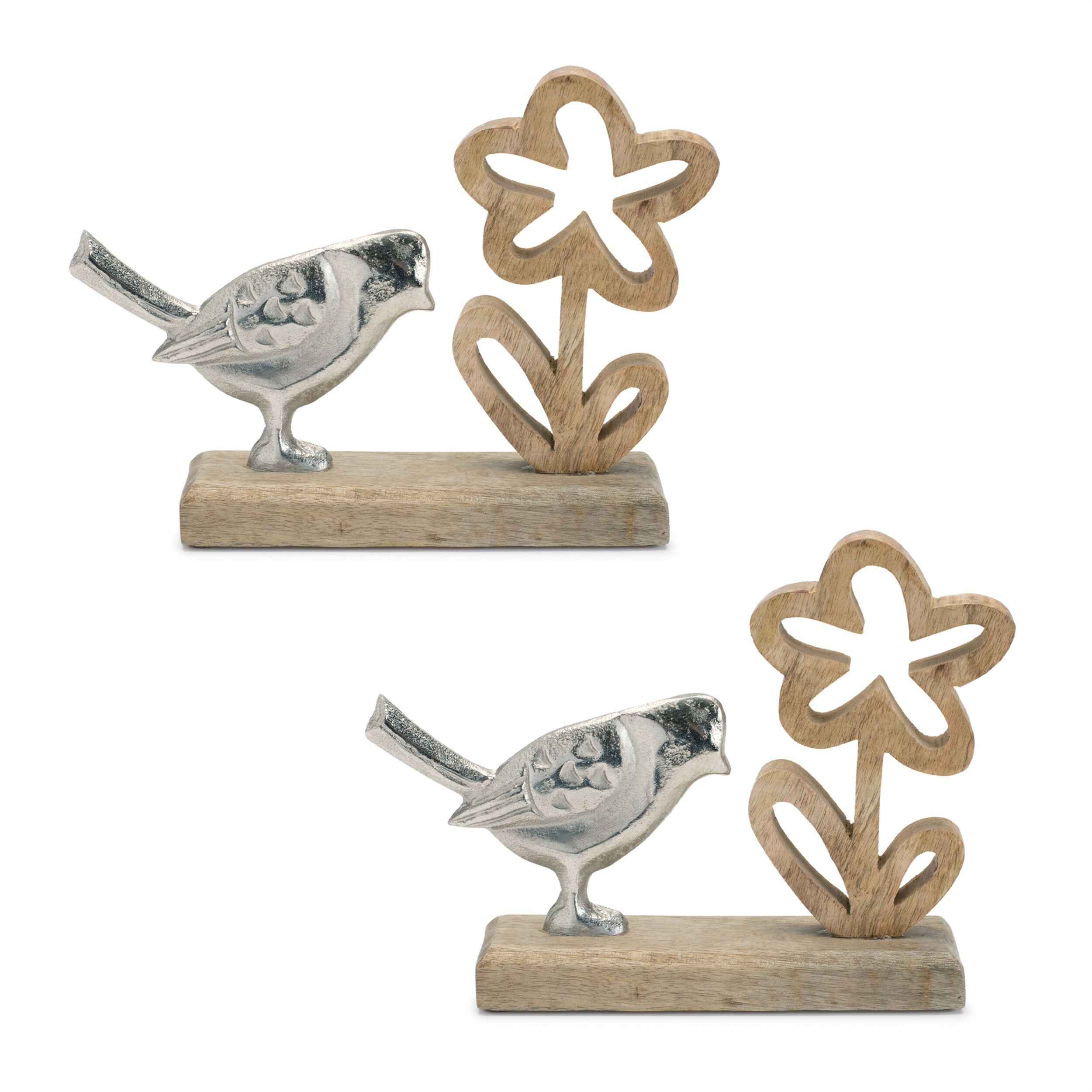 Metal Bird and Flower on Wood Base (Set of 2), BROWN/SILVER, alternate image number 1
