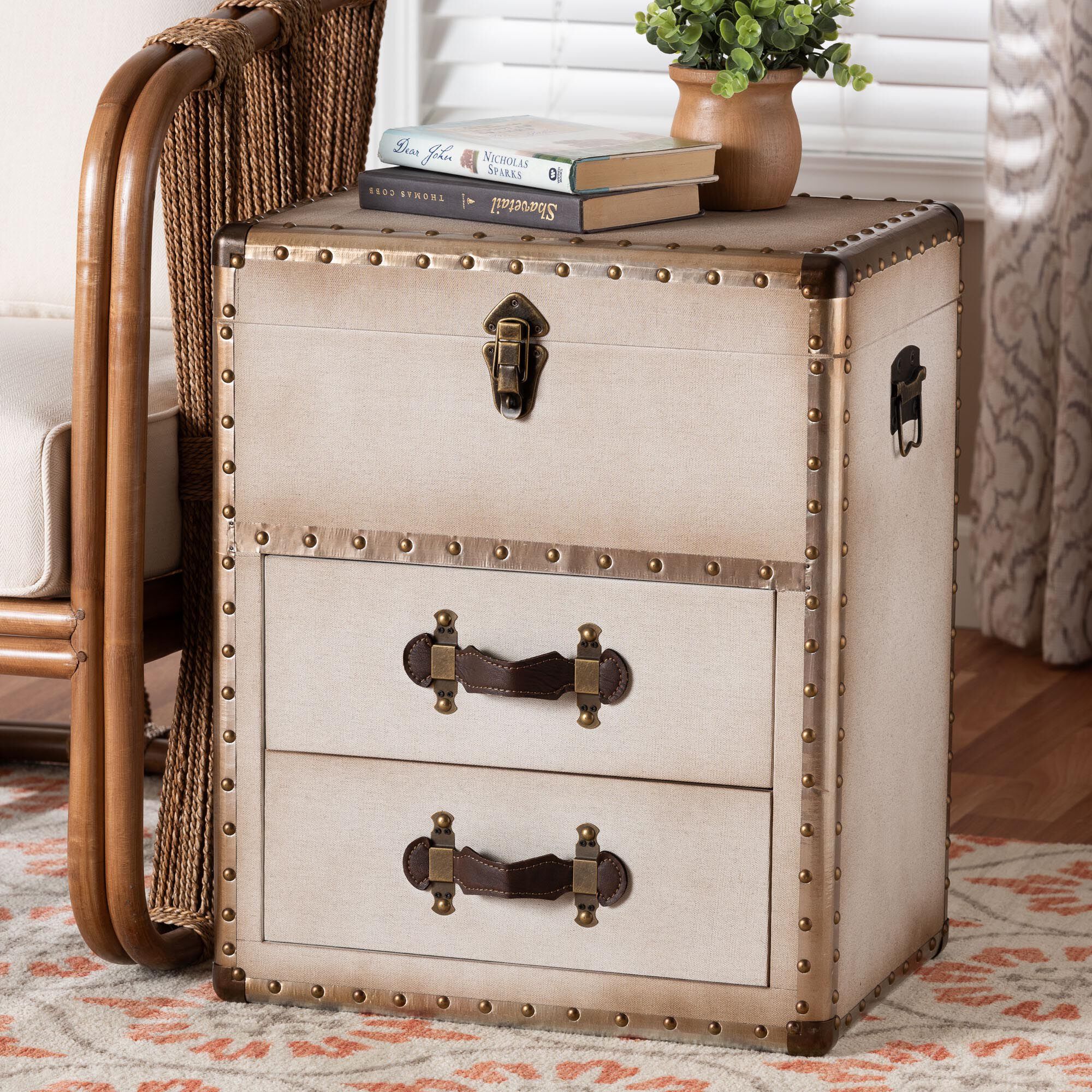 Agatha Vintage Black Canvas 2-Drawer Storage Trunk, BEIGE, hi-res image number 0