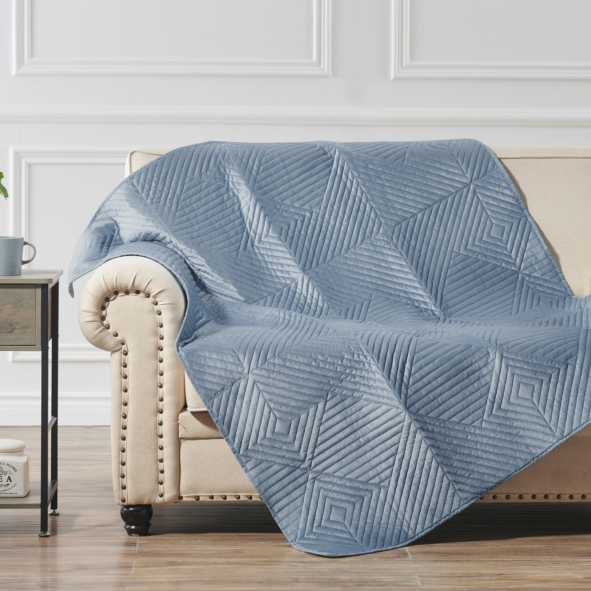 Riviera Velvet Finely Stitched Throw Blanket, Blue, SPA BLUE, hi-res image number 0