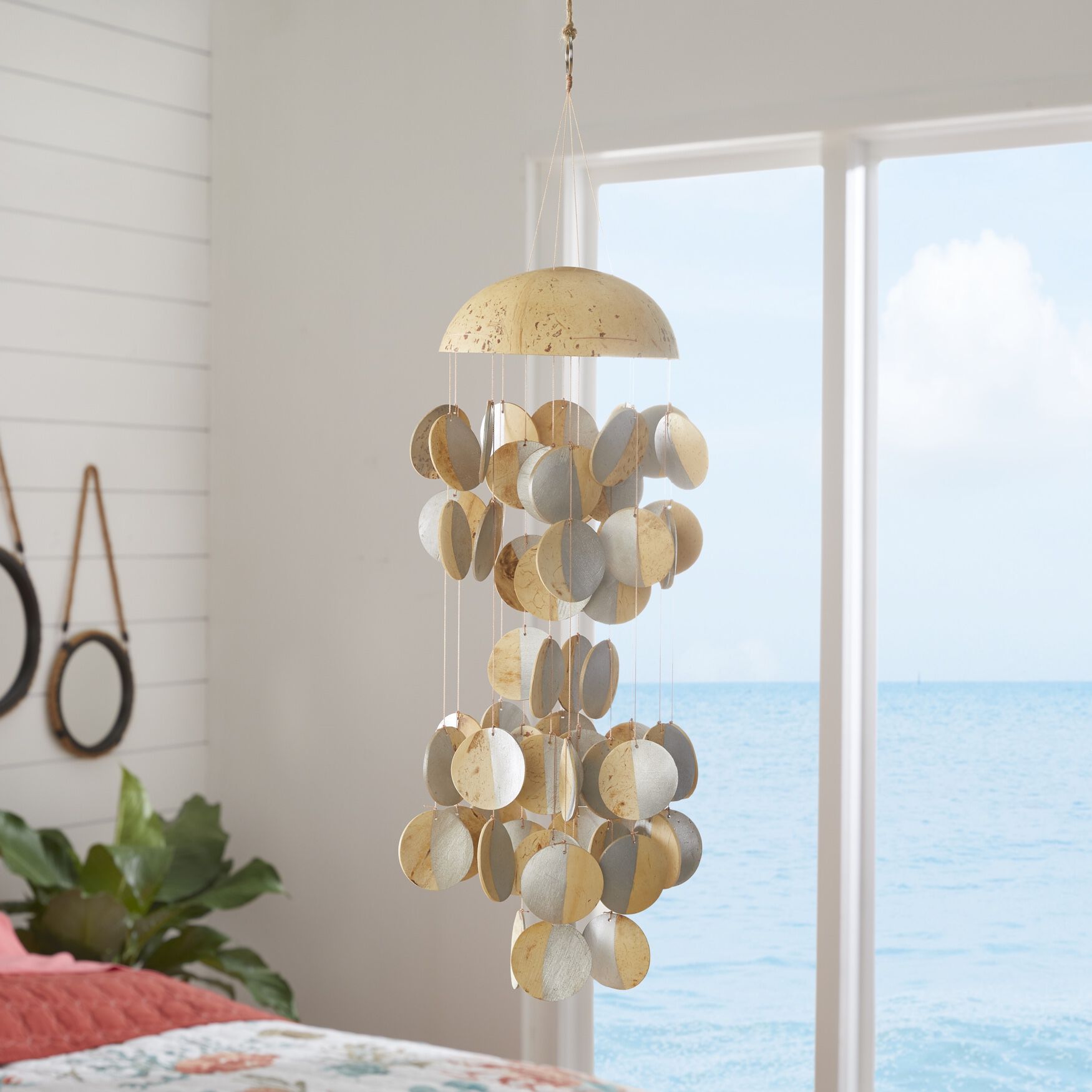 Silver Coconut Shell Coastal Wind Chime, , on-hover image number 1