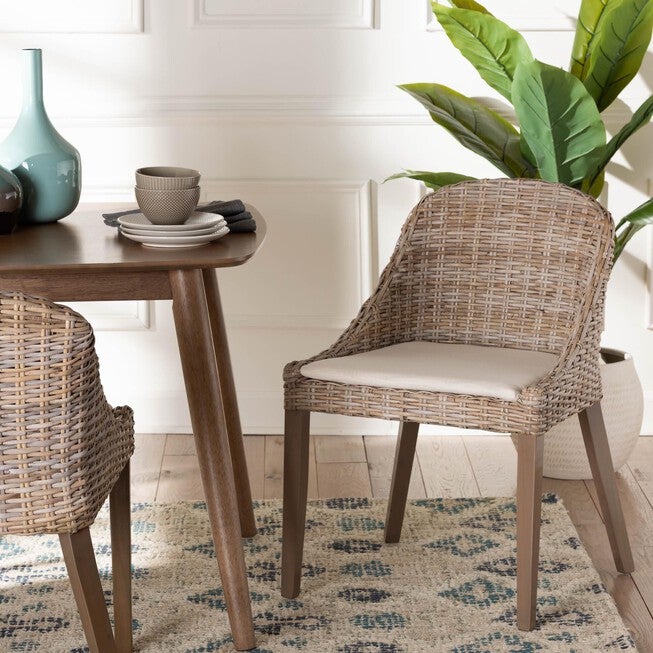 Lara Bohemian Grey Kubu Rattan And Mahogany Wood Dining Chair, , alternate image number null