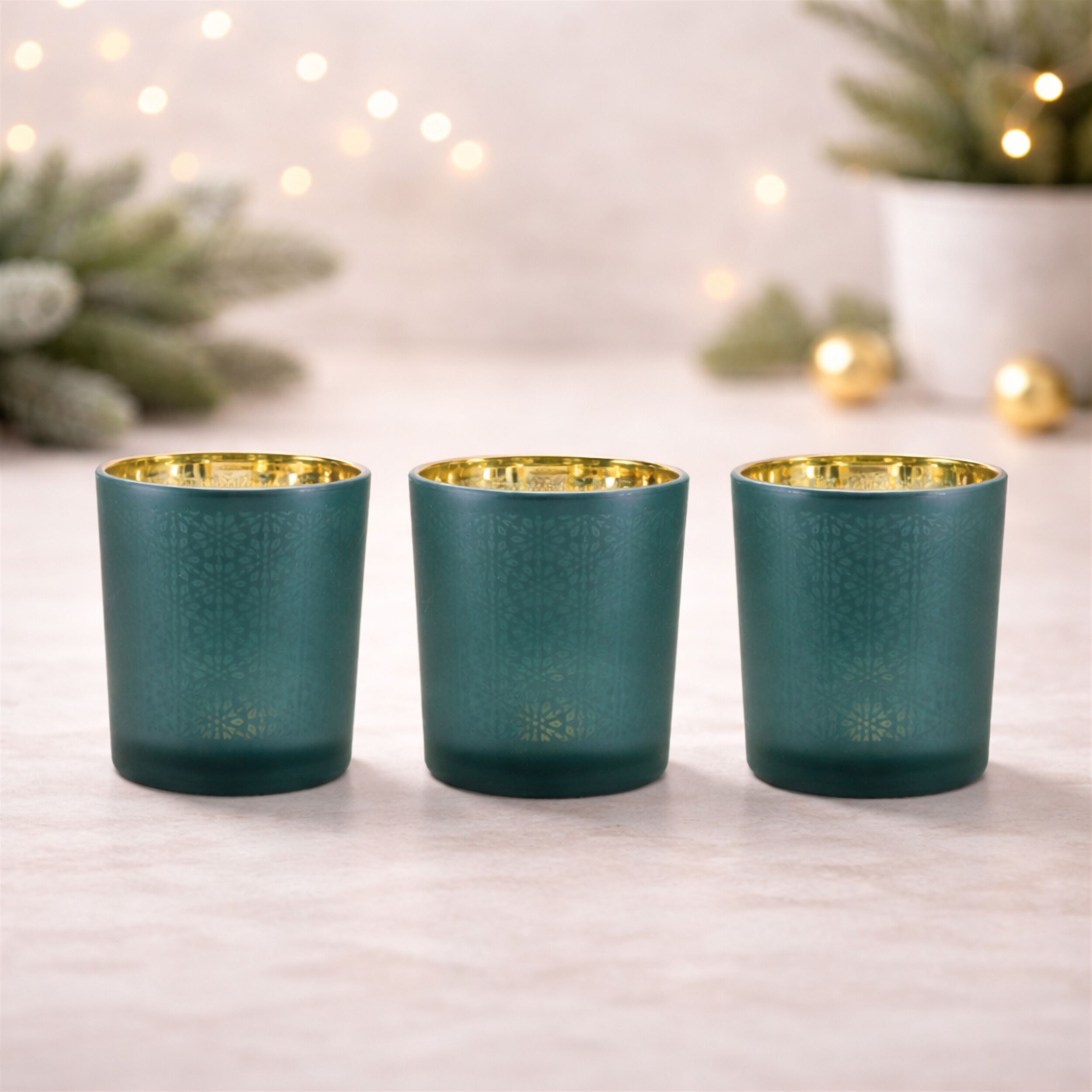 Geometric Patterned Votive Holder (Set of 3), GREEN GOLD, alternate image number 1