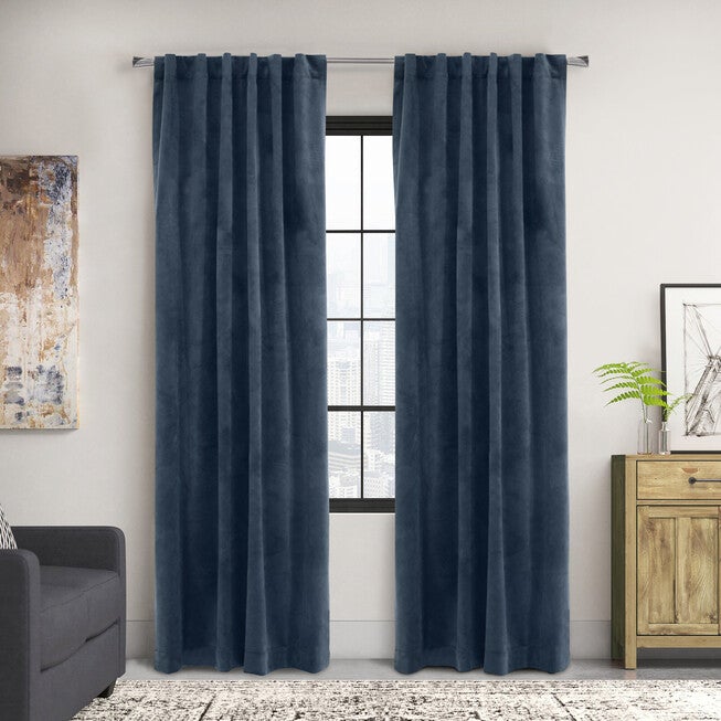 Seren Room Darkening Dual Header Curtain Panel, NAVY, hi-res image number 0