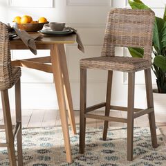Magy Modern Bohemian Grey Kubu Rattan and Mahogany Wood Bar Stool