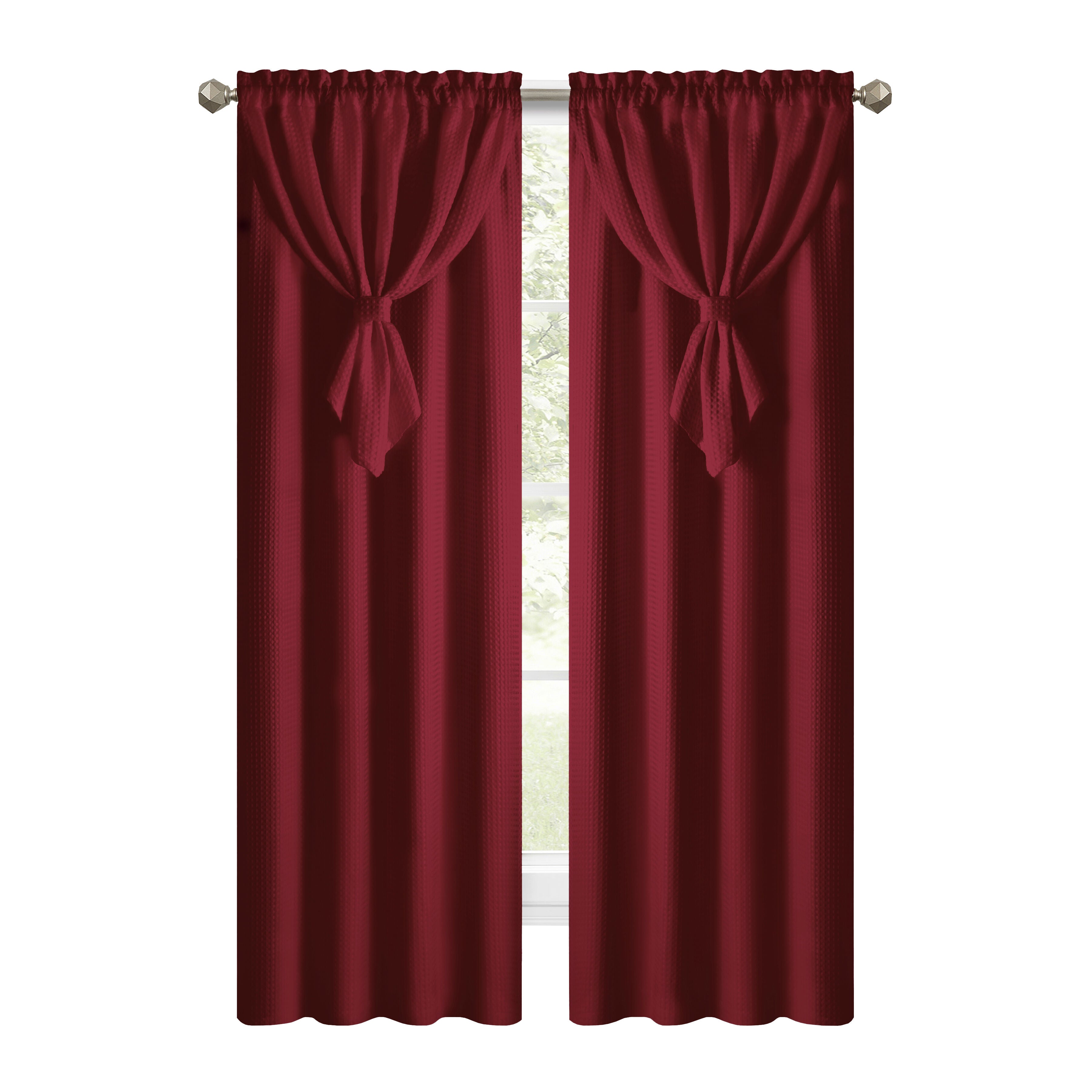 Allegra Waffle Texture Window Curtain Panel with Attached Valance, BURGUNDY, alternate image number 1