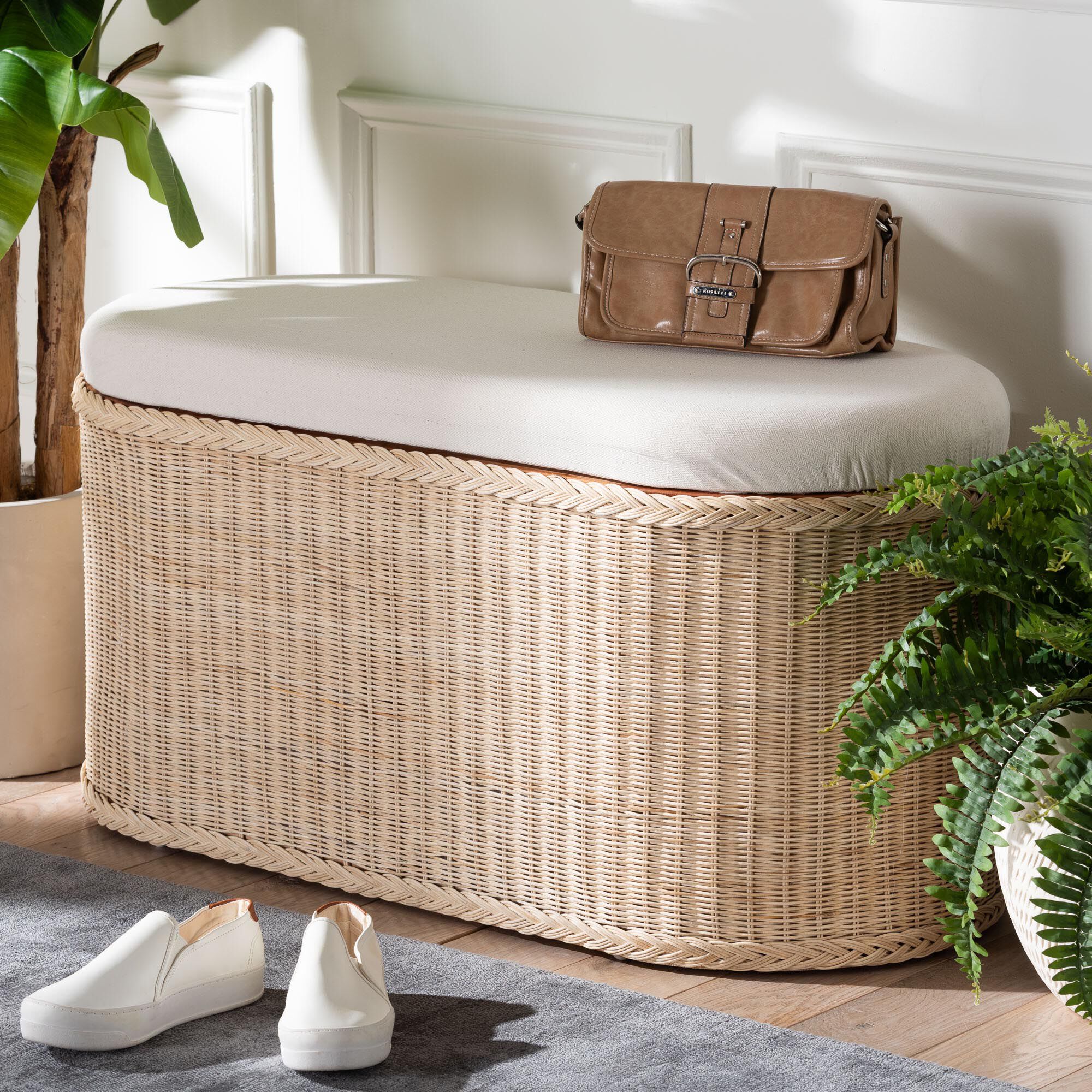 Barid Braided Natural Rattan Storage Bench, Oval, NATURAL, hi-res image number 0