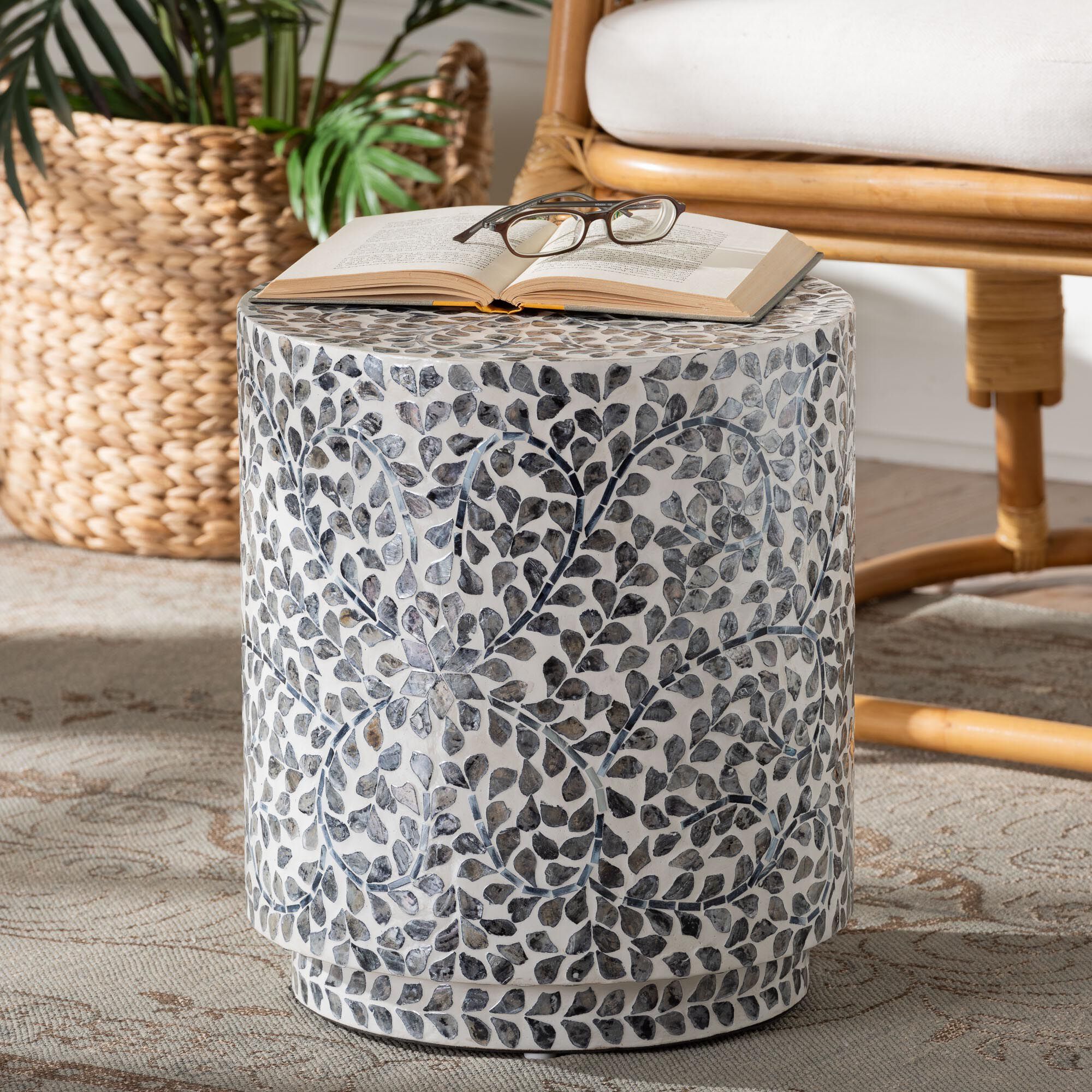 Marilla Coastal Black and White Mother of Pearl Capiz Shell Ottoman Footstool, BLACK, alternate image number 5