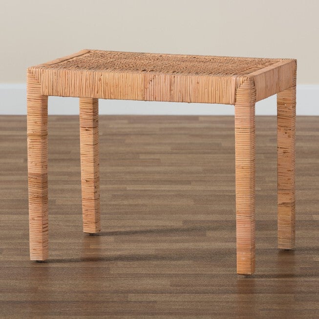 Abelia Modern Bohemian Natural Rattan And Mahogany Wood Short Accent Bench, , alternate image number 6
