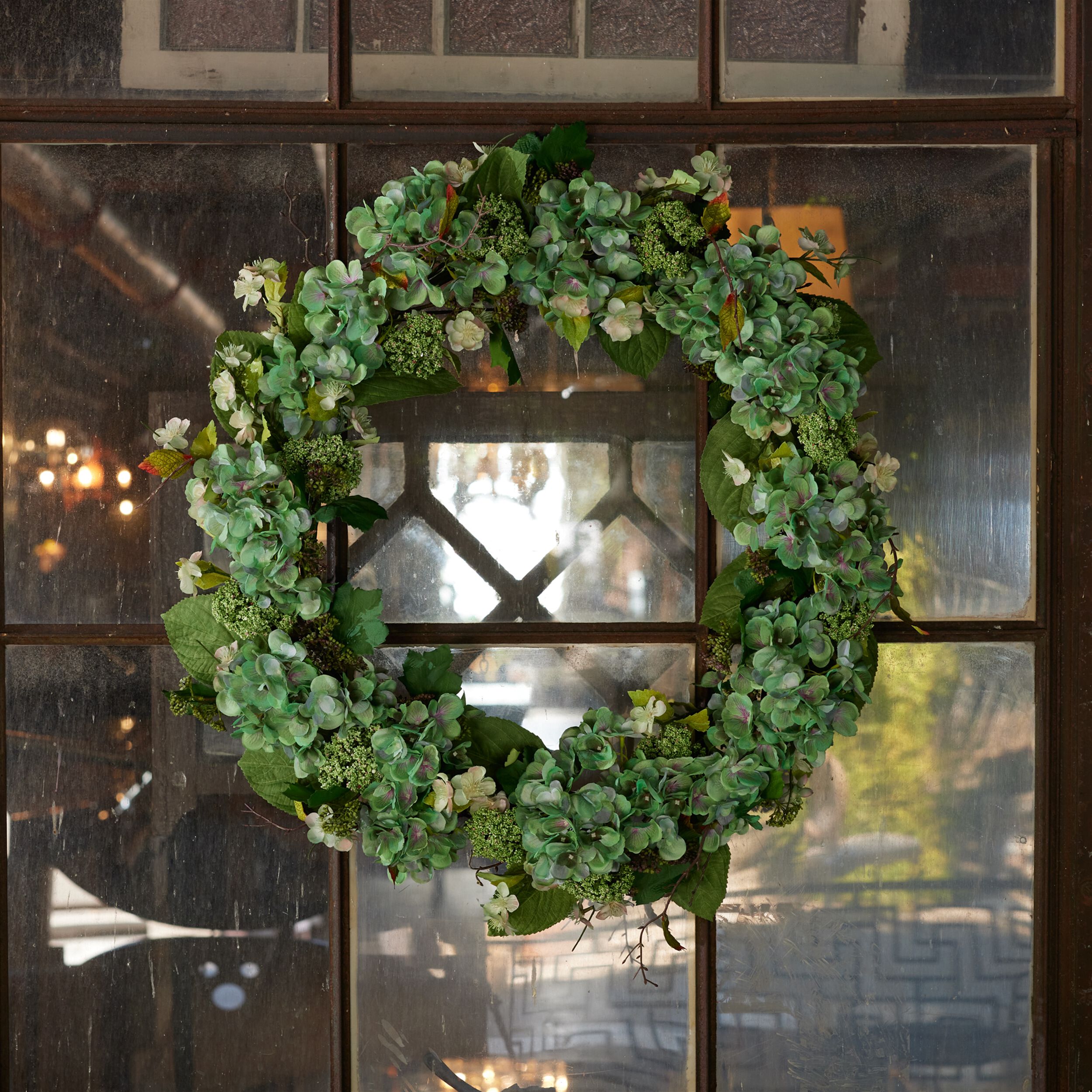 Hydrangea and Seedum Floral Wreath 32IND, GREEN, alternate image number 2