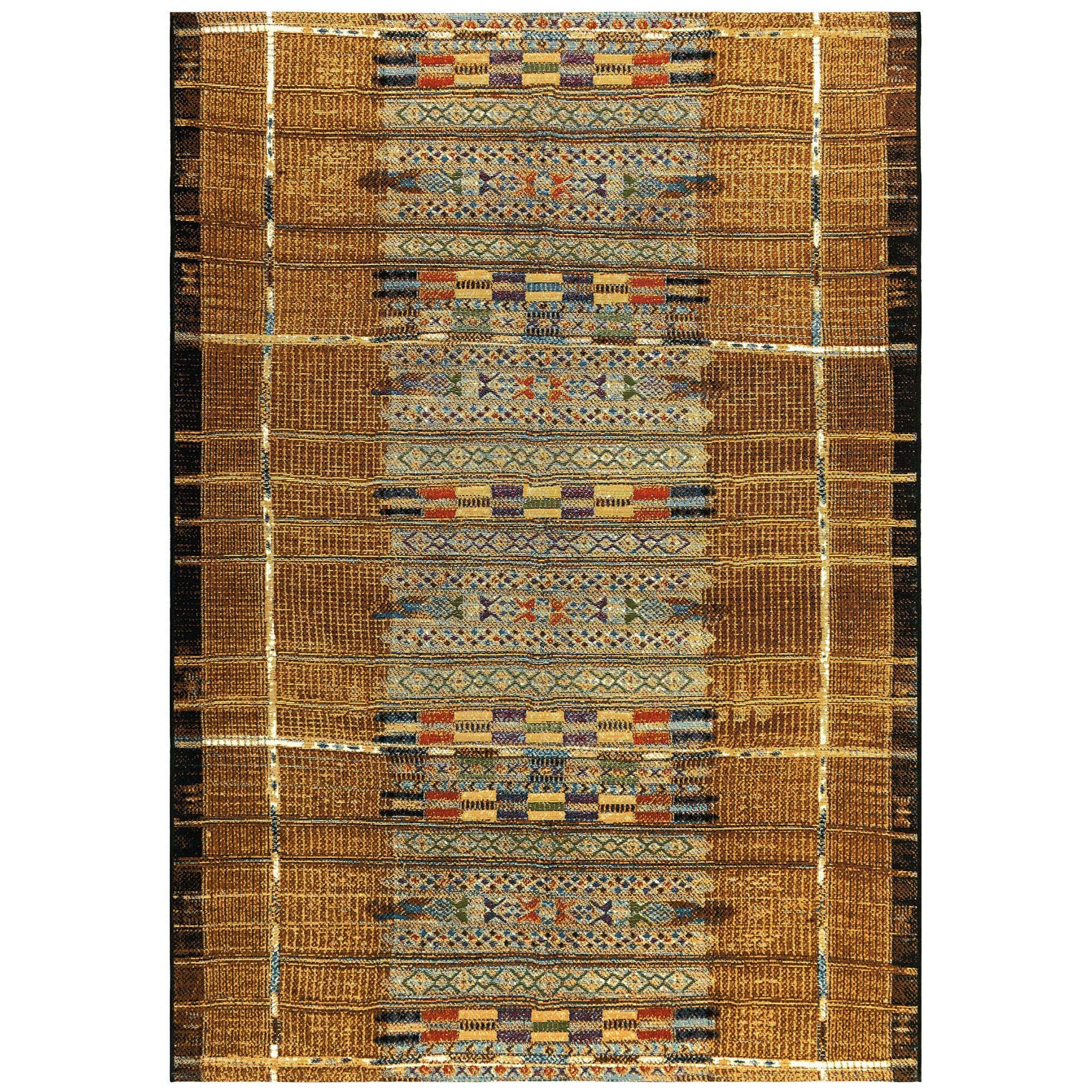 Liora Manne Marina Tribal Stripe Indoor/Outdoor Area Rug Black 8 feet 10 inches x 11 feet 9 inches, GOLD, hi-res image number 0