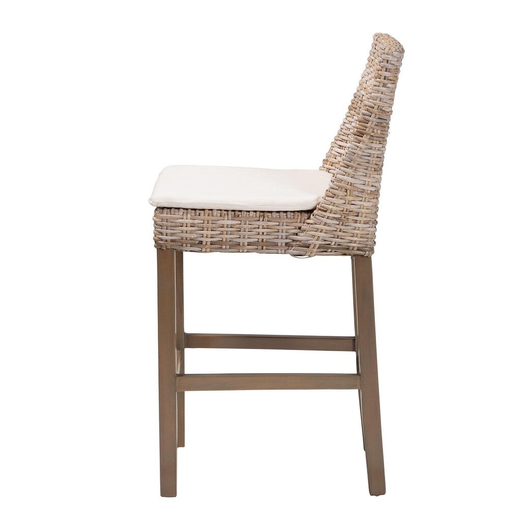 Side view of the woven rattan bar stool with back, cushion on seat