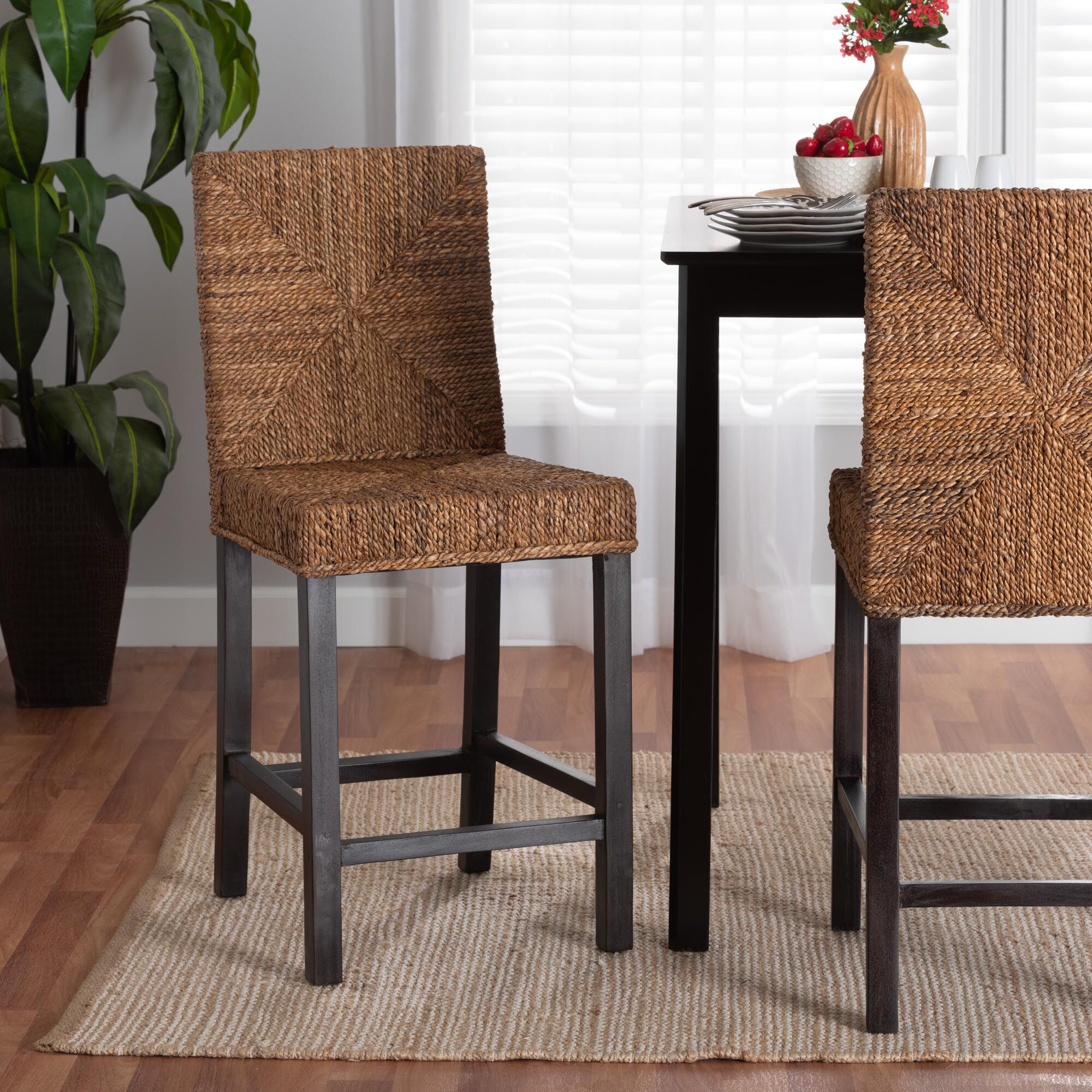 Laymi Modern Bohemian Dark Brown Mahogany Wood and Seagrass Counter Stool, BROWN, hi-res image number 0