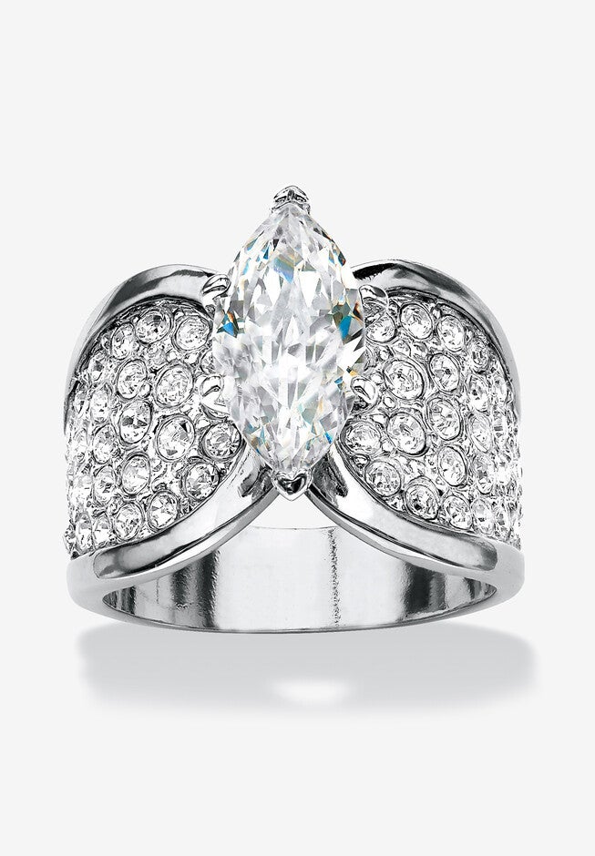Platinum Plated Cubic Zirconia and Round Crystals Engagement Ring, SILVER, hi-res image number 0