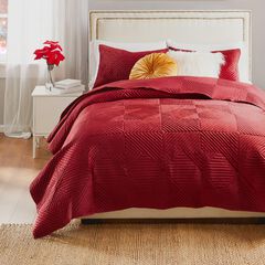 Riviera Velvet Finely Stitched Modern Quilt Set, Red, 3-Piece King