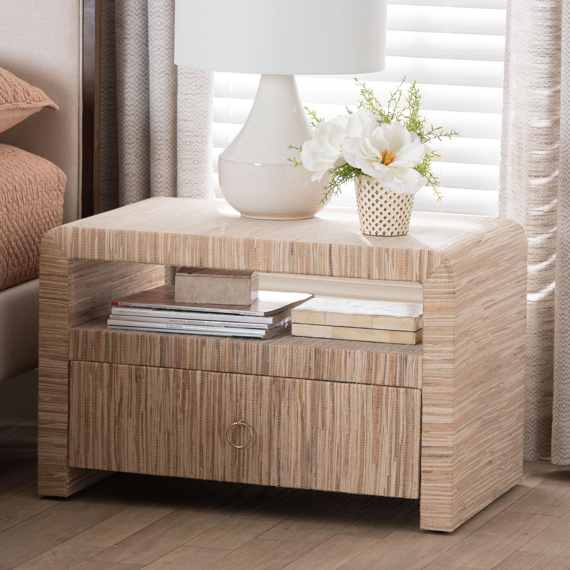 Hannah Bohemian Woven Grasscloth 1-Drawer Nightstand, NATURAL, hi-res image number 0