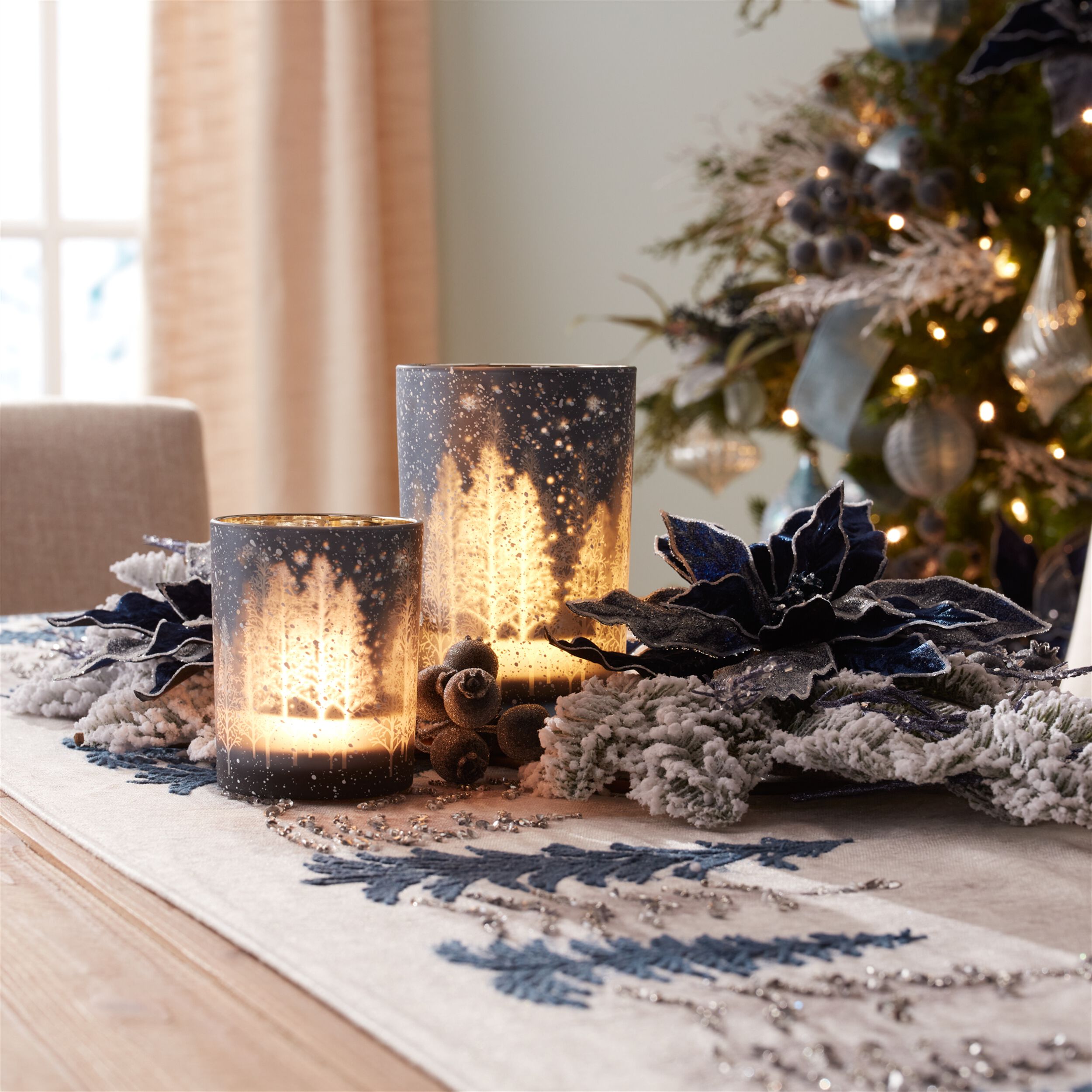 Navy Pine Tree Glass Candle Holder (Set of 2), BLUE GRAY, alternate image number 4