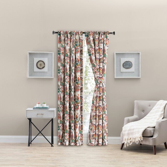 Wynette Multi Colored Jacobean Floral- Lined Tailored Pair With Tiebacks, MULTI, hi-res image number 0