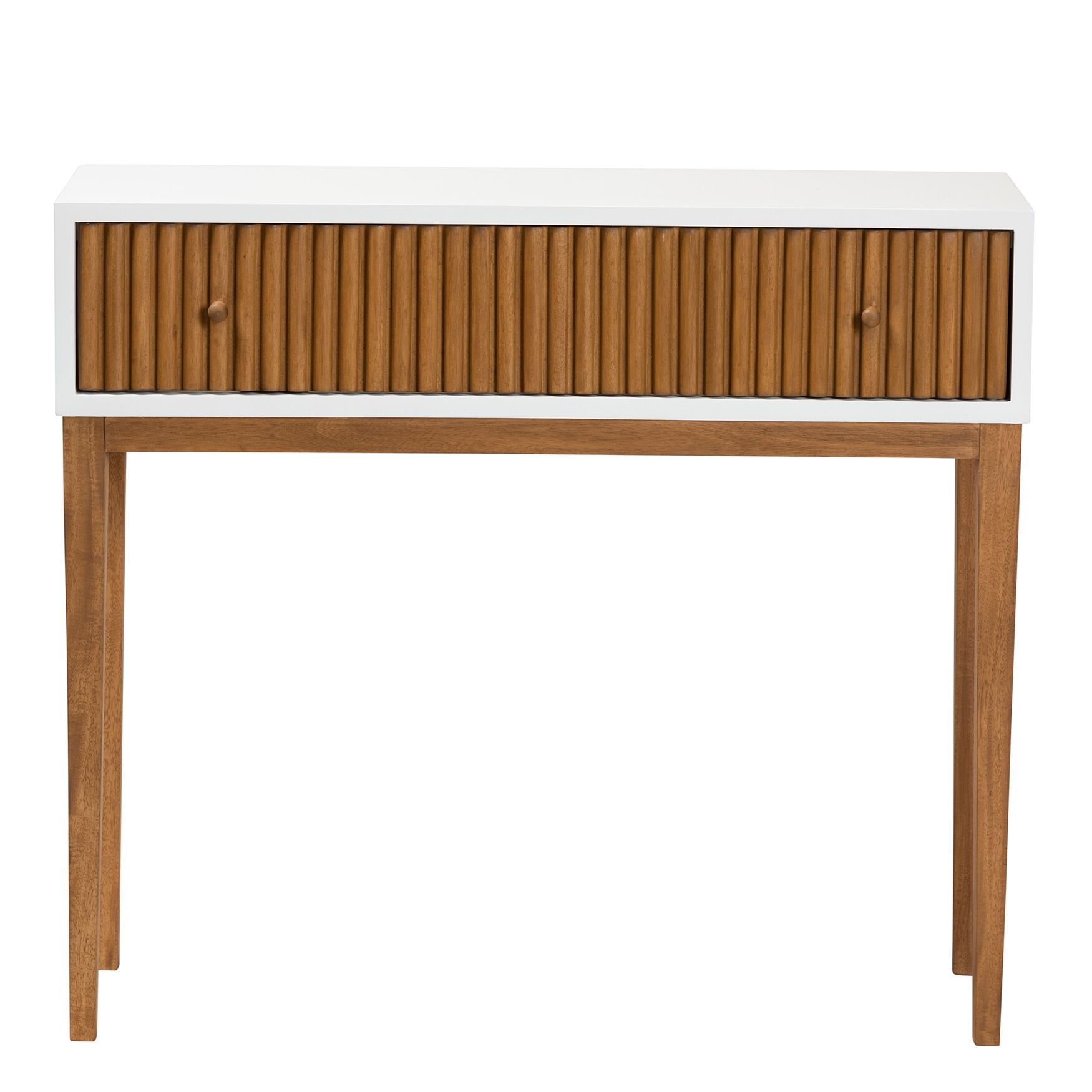Odile Mid-Century Modern Two-Tone Natural Brown And White Bayur Wood 1-Drawer Console Table, , alternate image number 2