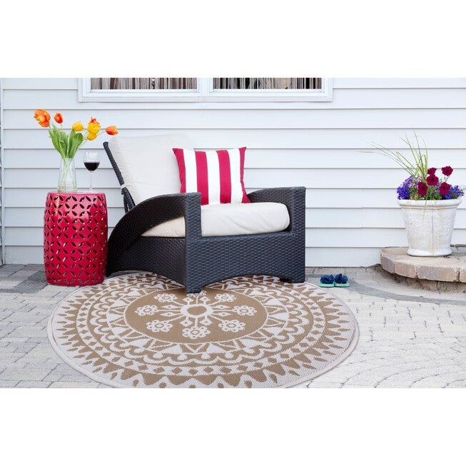 Taupe Floral Outdoor Rug 5 Ft Round Floor Coverings, , alternate image number null