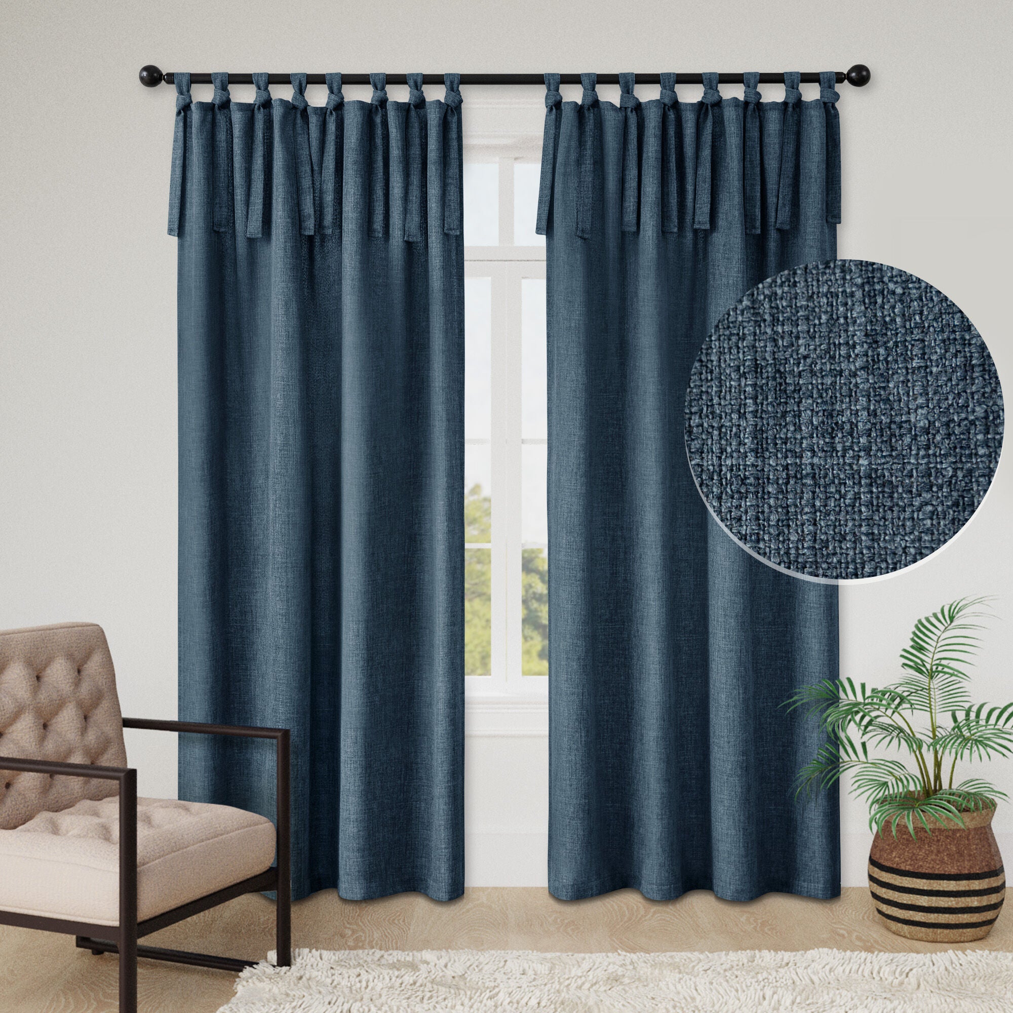Knot Tie Top Light Filtering Panel Pair, NAVY, hi-res image number 0