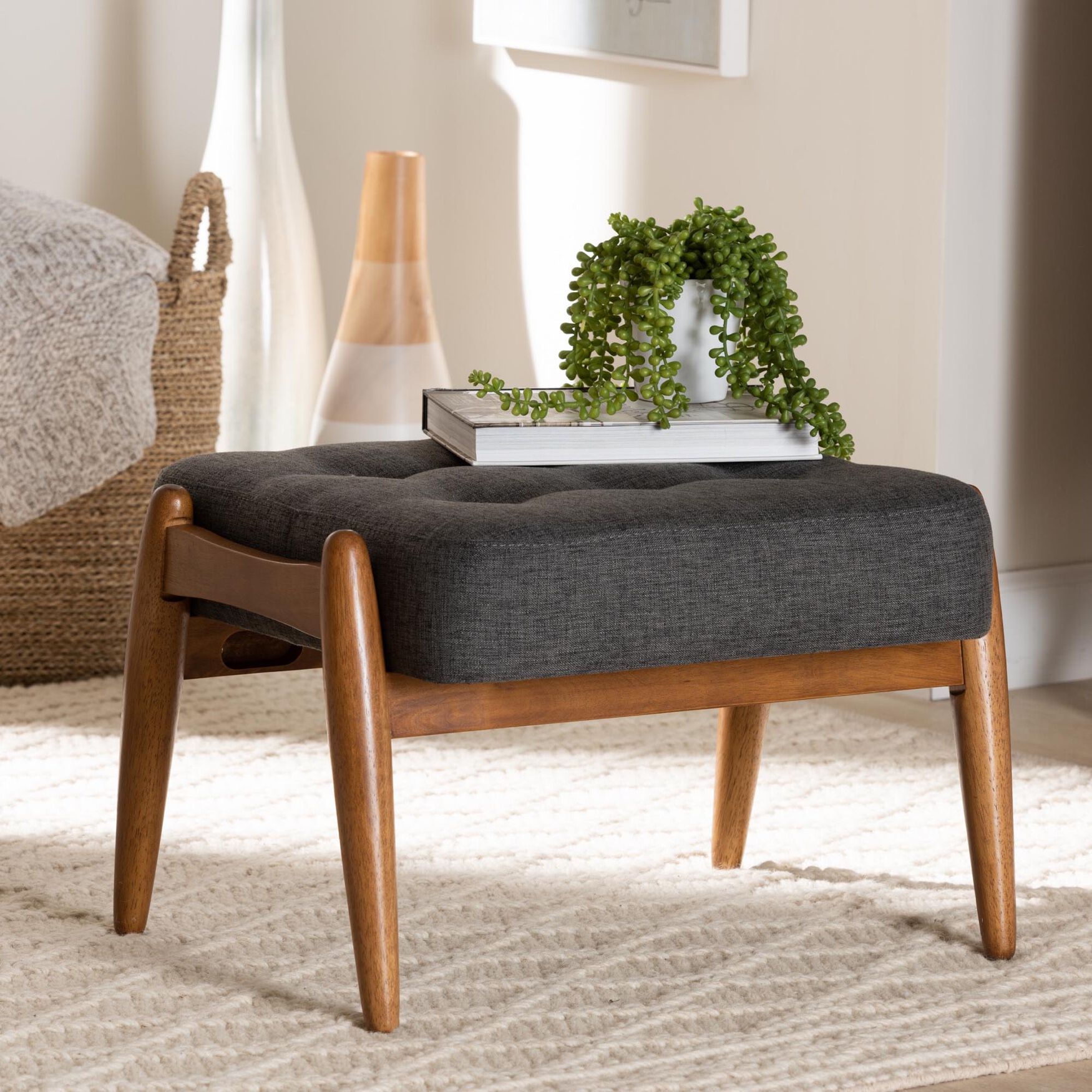 Jeanine Japandi Dark Grey Fabric And Walnut Brown Finished Wood Ottoman Footstool, , alternate image number 10