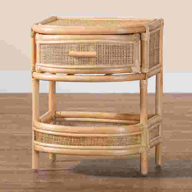 Natural rattan nightstand with a drawer and open shelf.