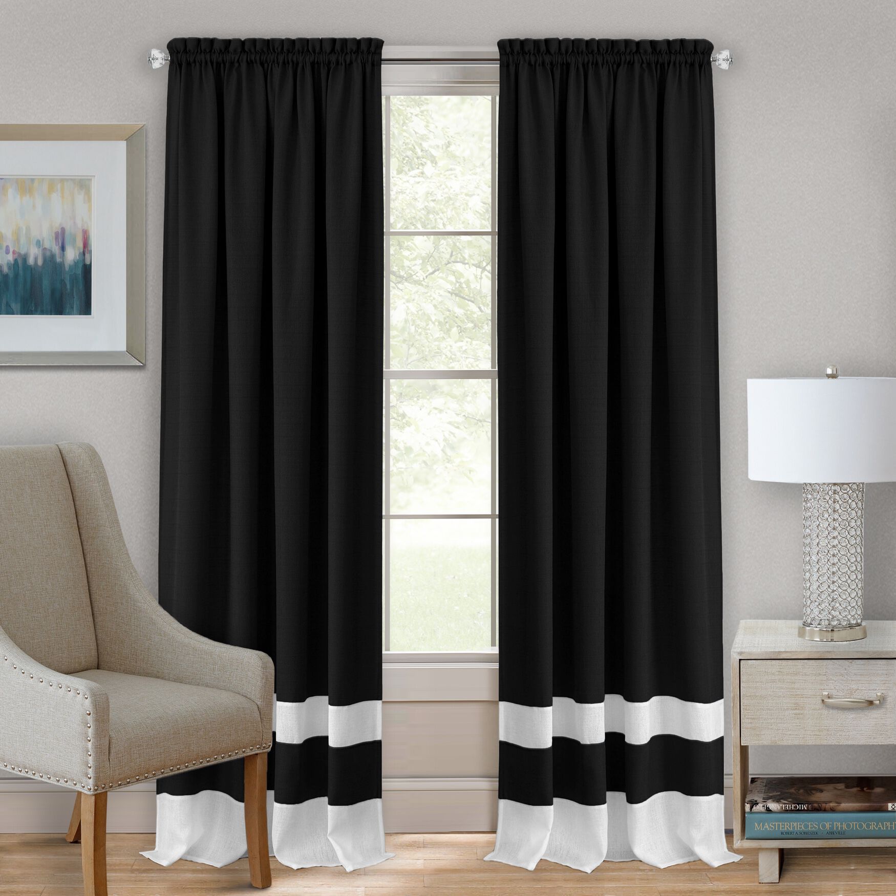 Darcy Rod-Pocket Window Curtain Panel, BLACK WHITE, hi-res image number 0