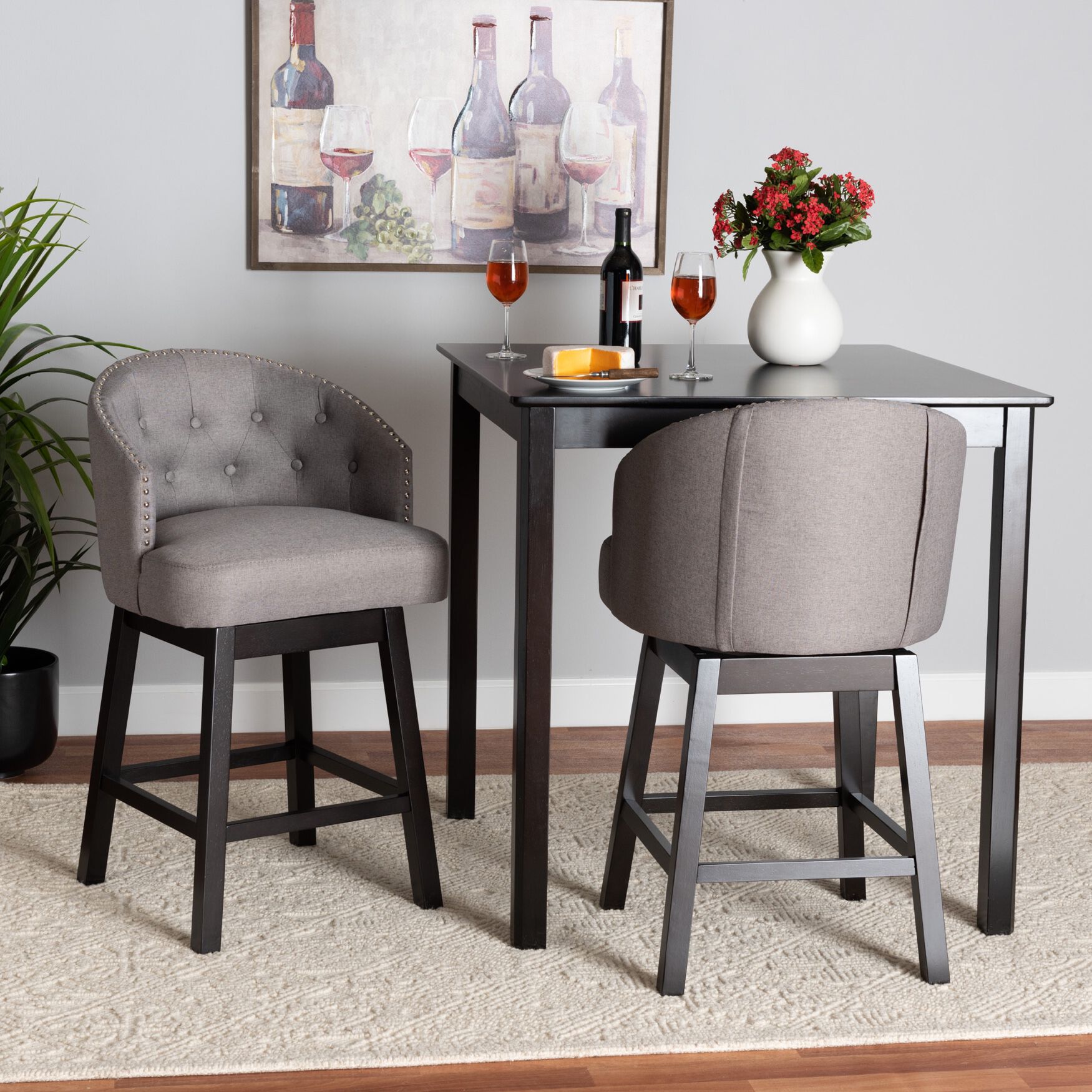 Theron Mid-Century Transitional Black Faux Leather and Espresso Brown Finished Wood 2-Piece Swivel Counter Stool Set, , alternate image number 17