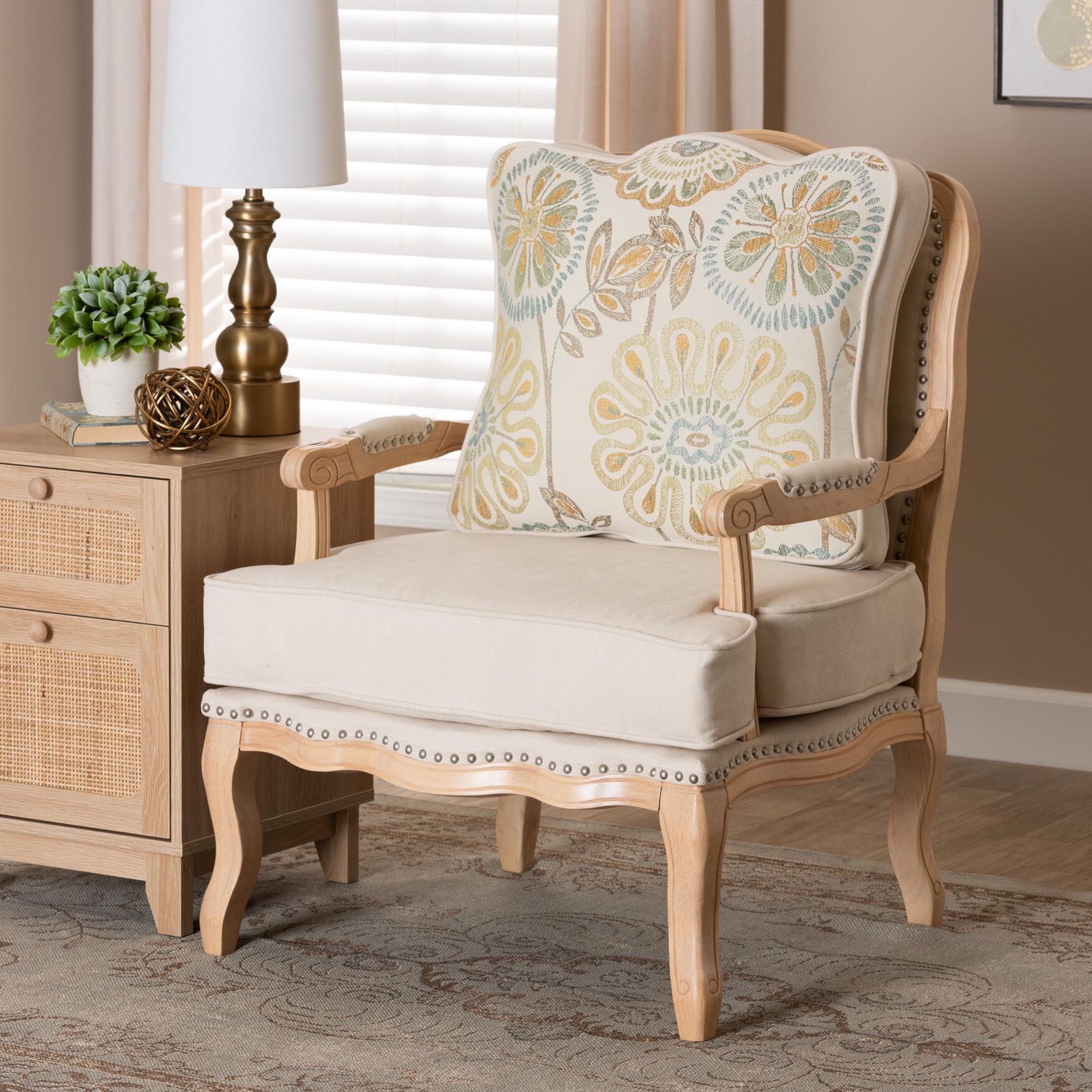 Andre Traditional French Quilted Fabric And Whitewash Finished Wood Accent Chair, , alternate image number 7