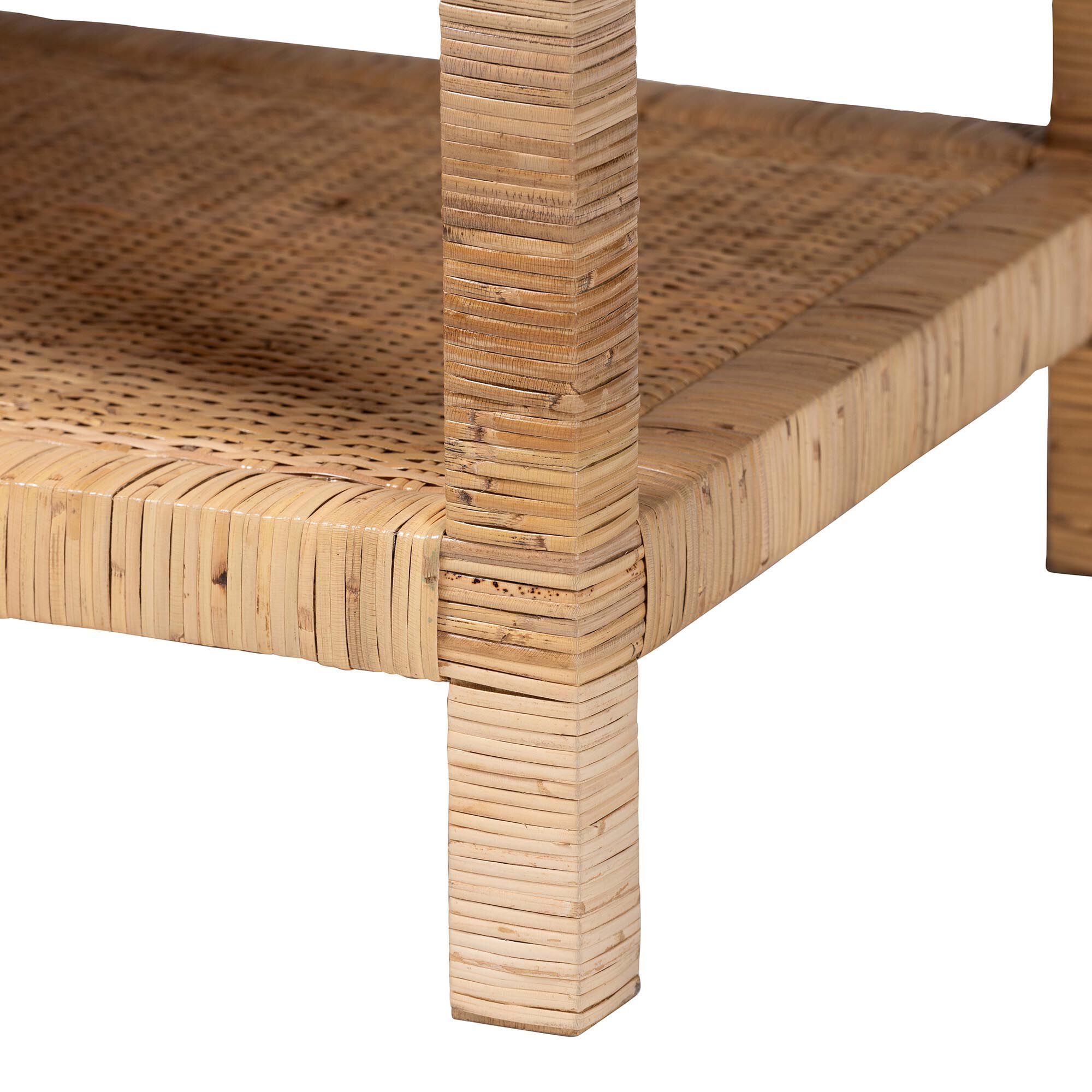 Kalimantan Bohemian Light Honey Rattan and Mahogany Wood Rectangle Coffee Table, LIGHT, alternate image number 4