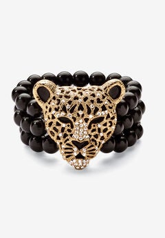 Goldtone Onyx Leopard Stretch Bracelet (42mm), Round Crystal, 8.5"